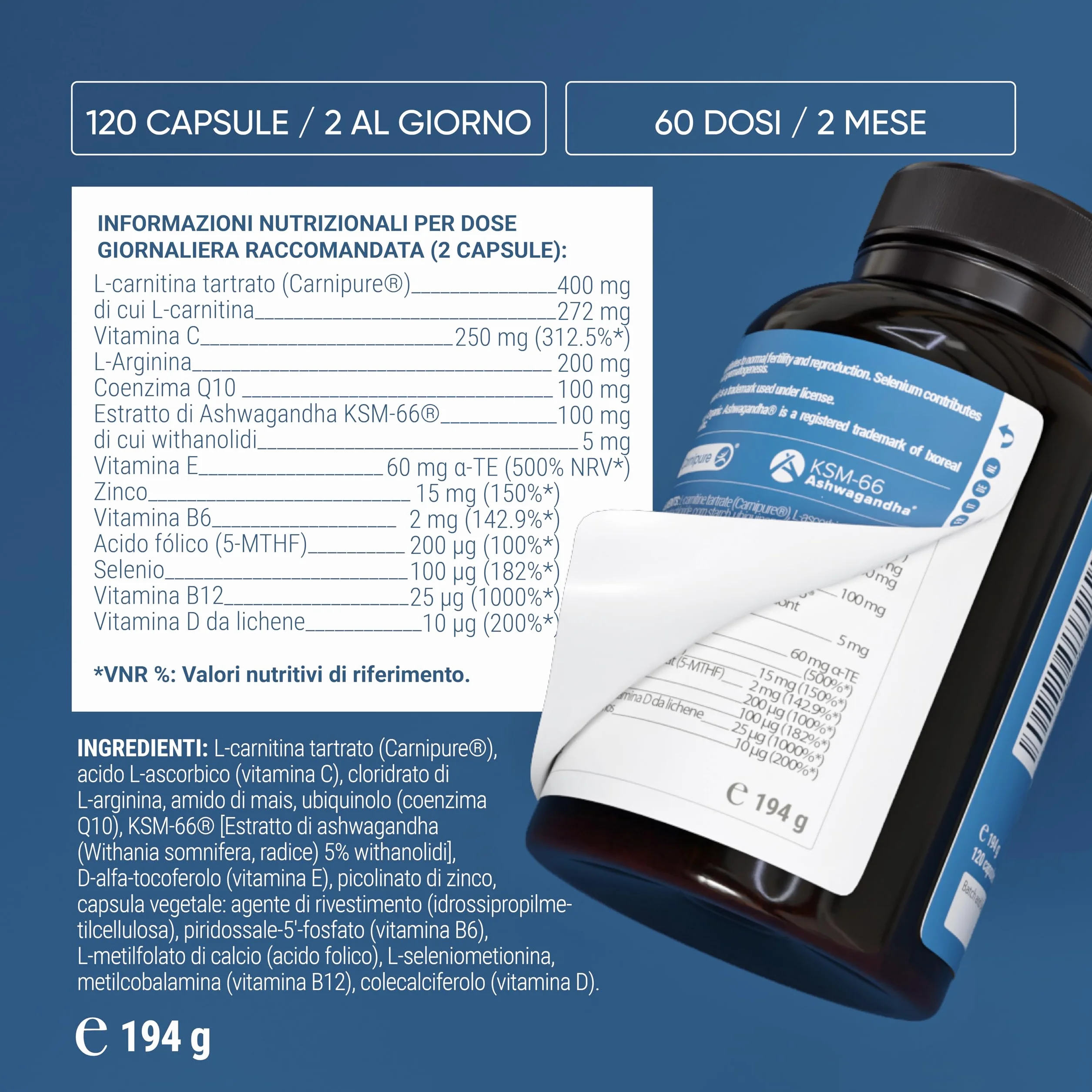 Nullure Integratore Fertilità Uomo L-Carnitina CoQ10 Arginina Zinco 120 Caps