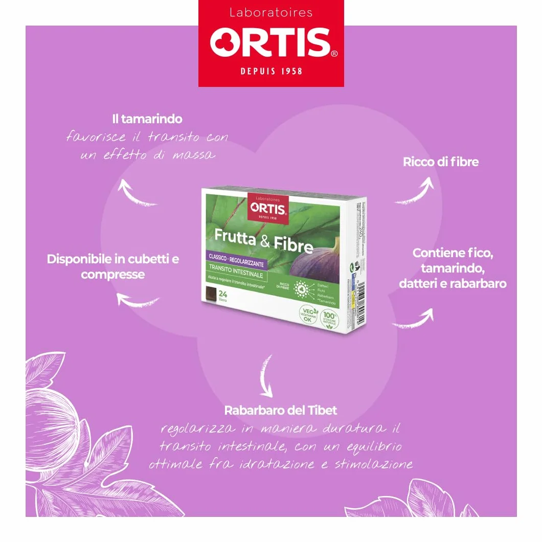 Ortis - Frutta & Fibre Classico 24 Cubetti - Integratore Alimentare Che Aiuta a Regolare il Transito intestinale - Pigrizia intestinale Frequente -100% Naturale a Base di Rabarbaro e Fichi