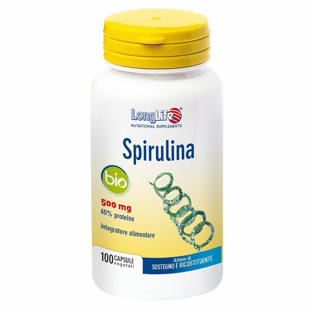 LongLife Spirulina Bio 100 capsule vegetali | Alga spirulina titolata in proteine, ficocianina, clorofilla e carotenoidi | Biologica | Vegano e senza glutine