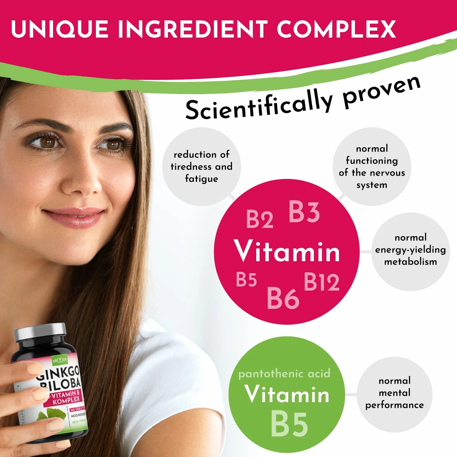 VROODY Ginkgo Biloba estratto vegano ad alto dosaggio 365 compresse vitamina B12