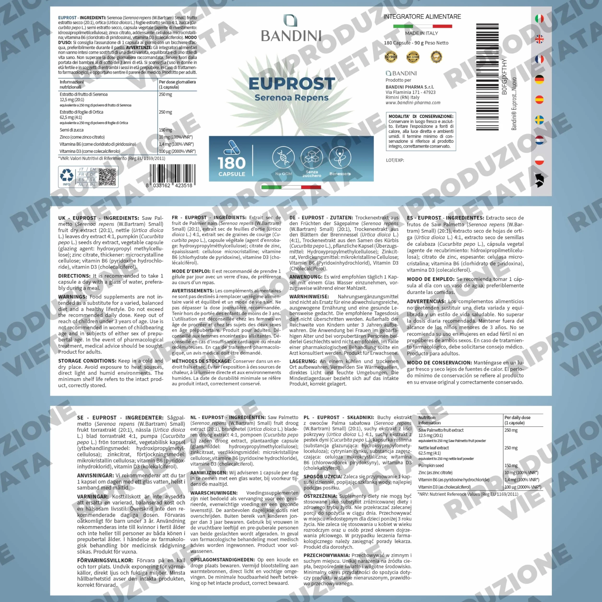 Bandini Euprost Serenoa Repens 180 Capsule Integratore per Uomo Saw Palmetto 20:1 Estratto 30% Acidi Grassi