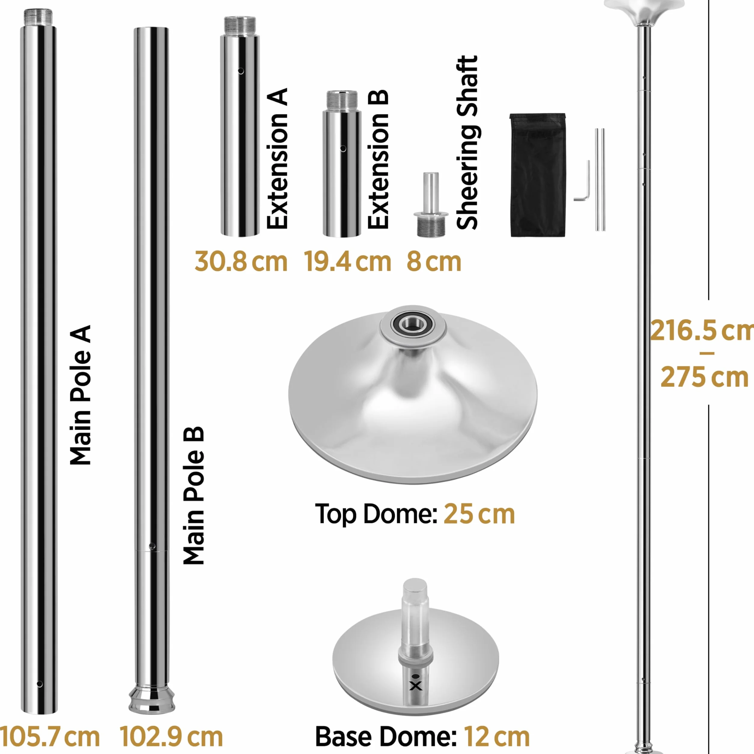 Palo da Ballo Altezza Regolabile 216,5-275 cm 45 mm Ø Rimovibile Statica e Spinning Carico Massimo 227 kg