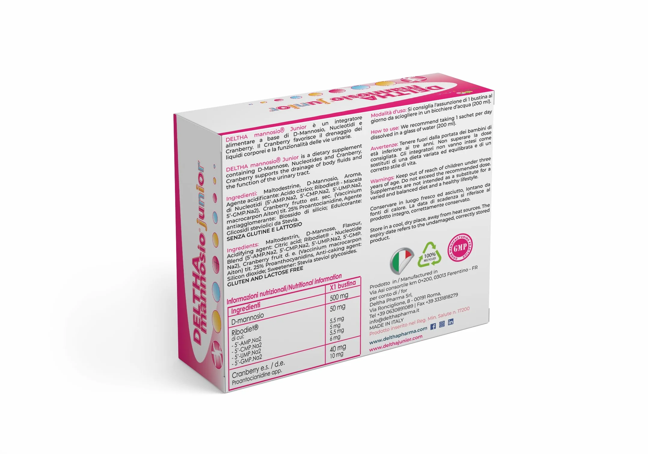 DELTHAmannosio Junior D Mannosio alto dosaggio 500mg Mirtilli rossi e nucleotidi purificati Made in Italy per le vie urinarie dei bambini