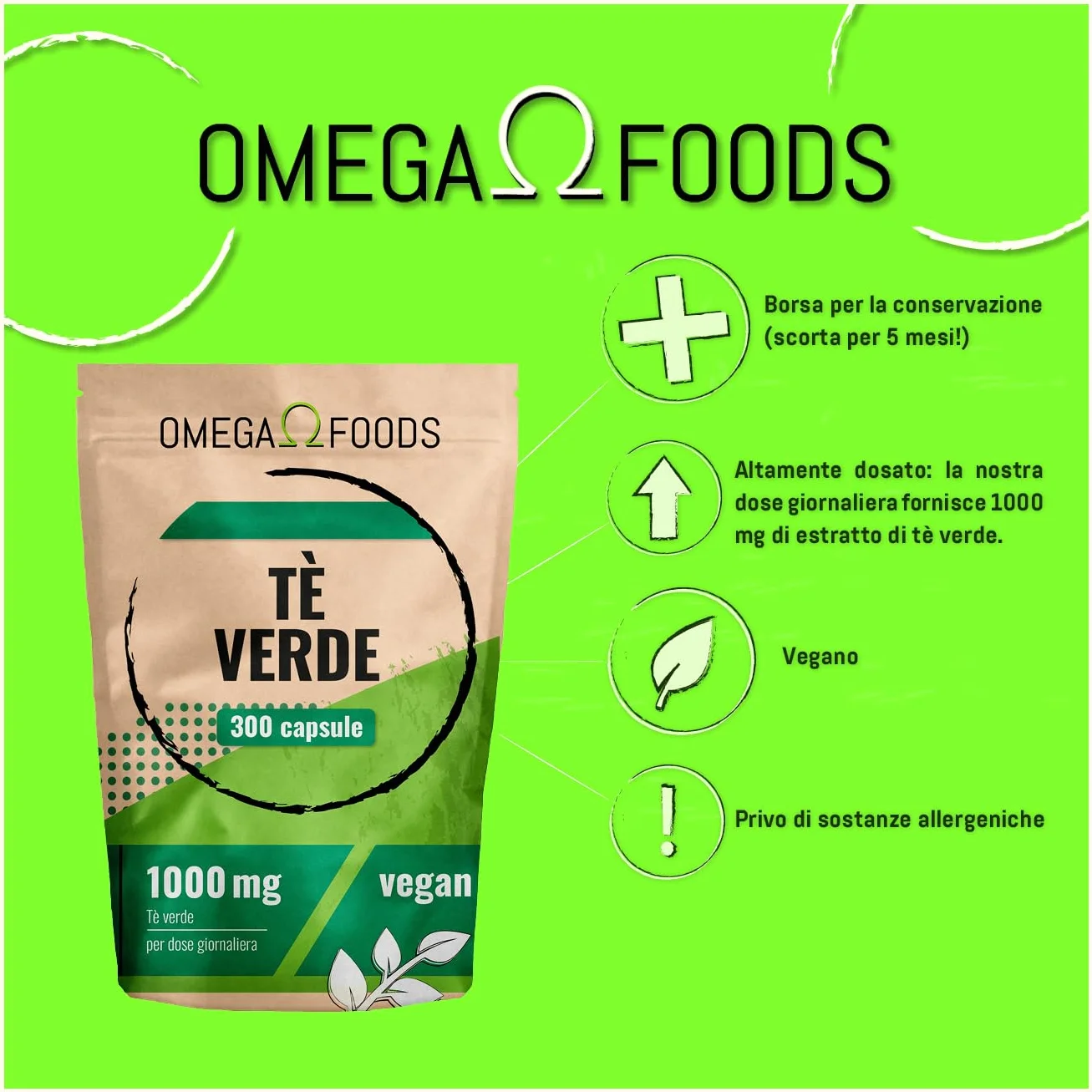 Capsule di tè verde – 300 capsule di estratto di tè verde ad alto dosaggio – 1 000 mg per dose giornaliera – Estratto di tèverde