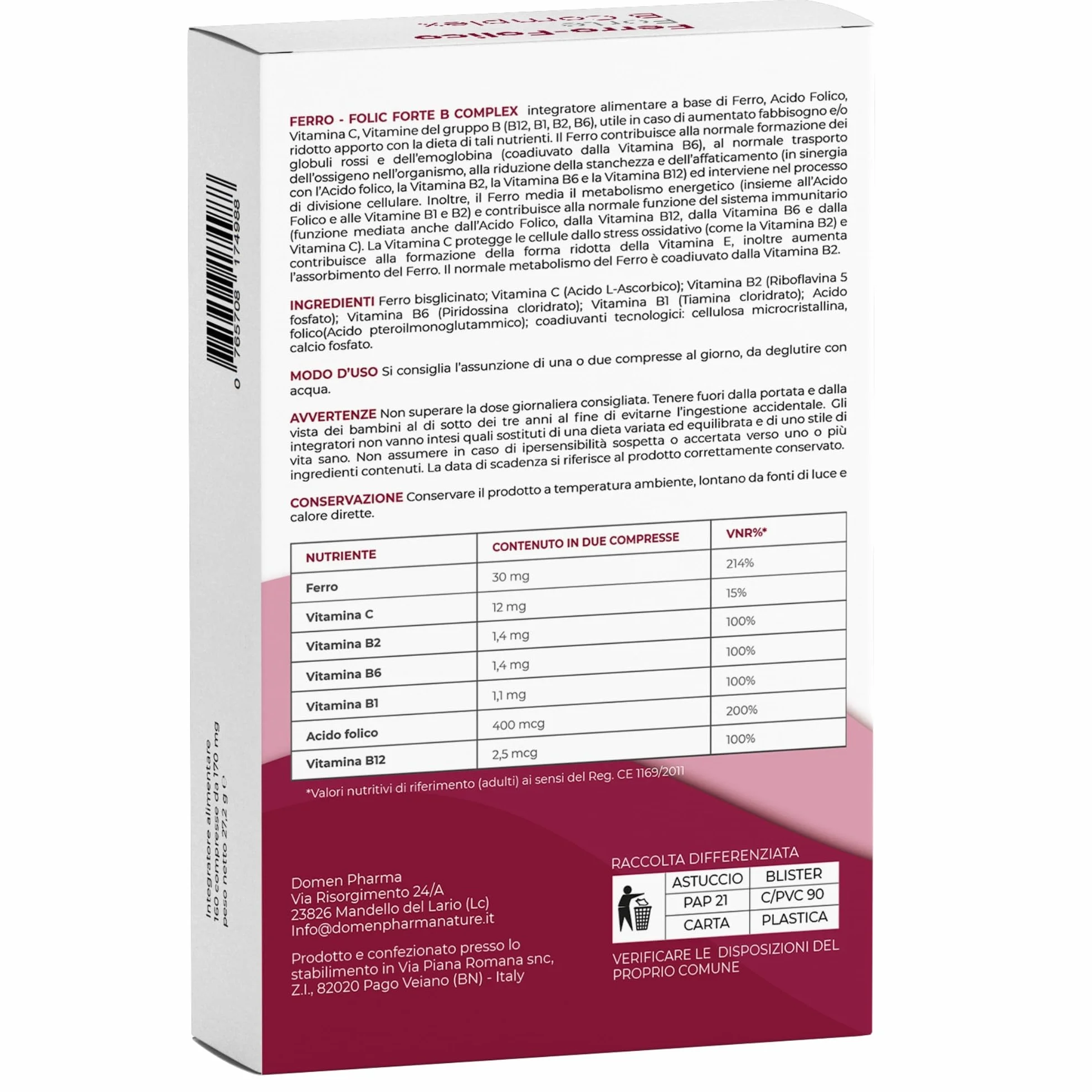 FERRO FOLIC Integratore Ferro 160 compresse ad alto dosaggio, ferro acido folico e Vitamina B12 con Complesso B e Vitamina C. Ferro Bisglicinato alta biodiodisponibilità e Acido Folico naturale.