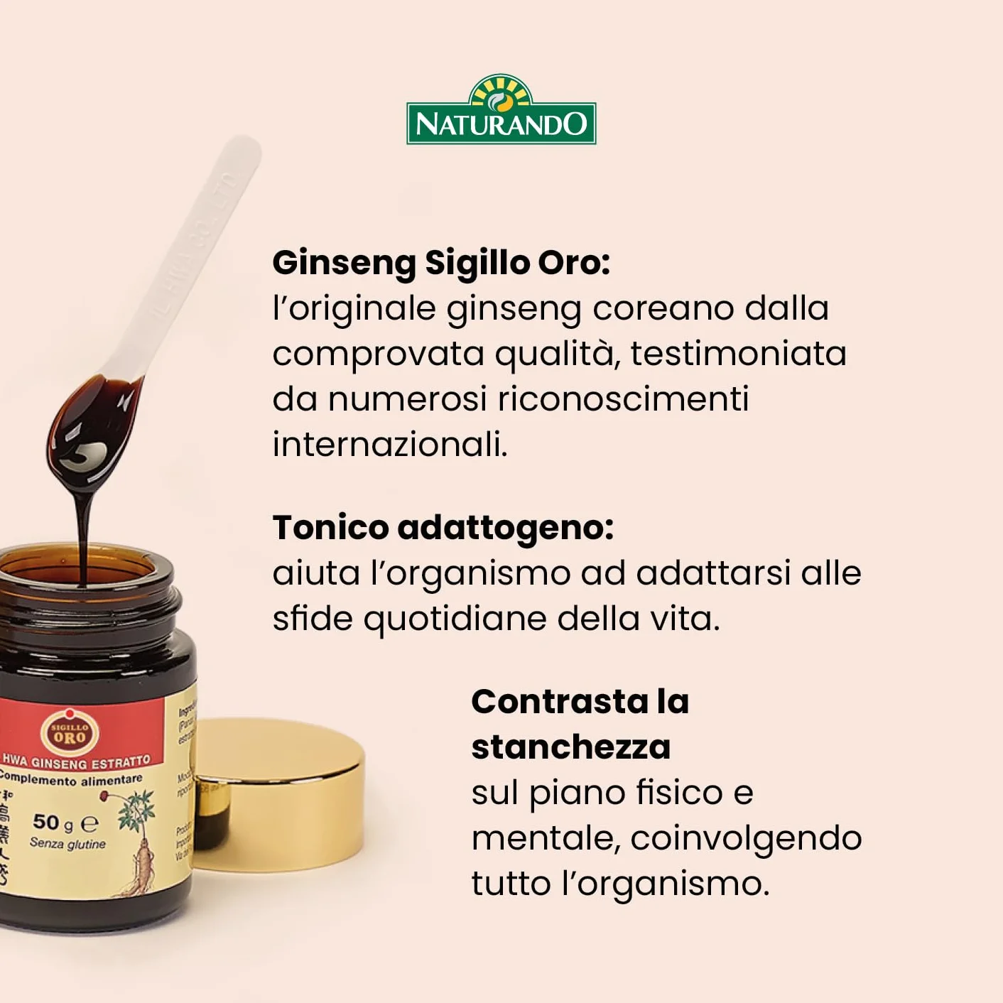 Naturando Ginseng Bianco Sigillo Oro Estratto Molle Tonico Adattogeno Antiaffaticamento 20 g