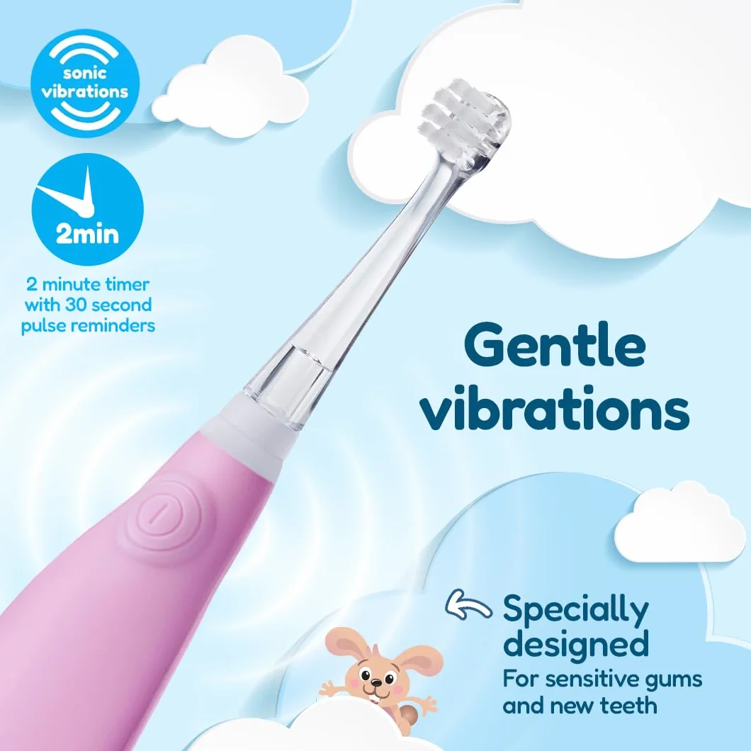 Brush-Baby - BabySonic - Spazzolino elettrico rosa, 0-36 mesi, morbido e delicato, per gengive sensibili e denti nuovi, con luce LED e base di aspirazione, testine per neonati e bambini