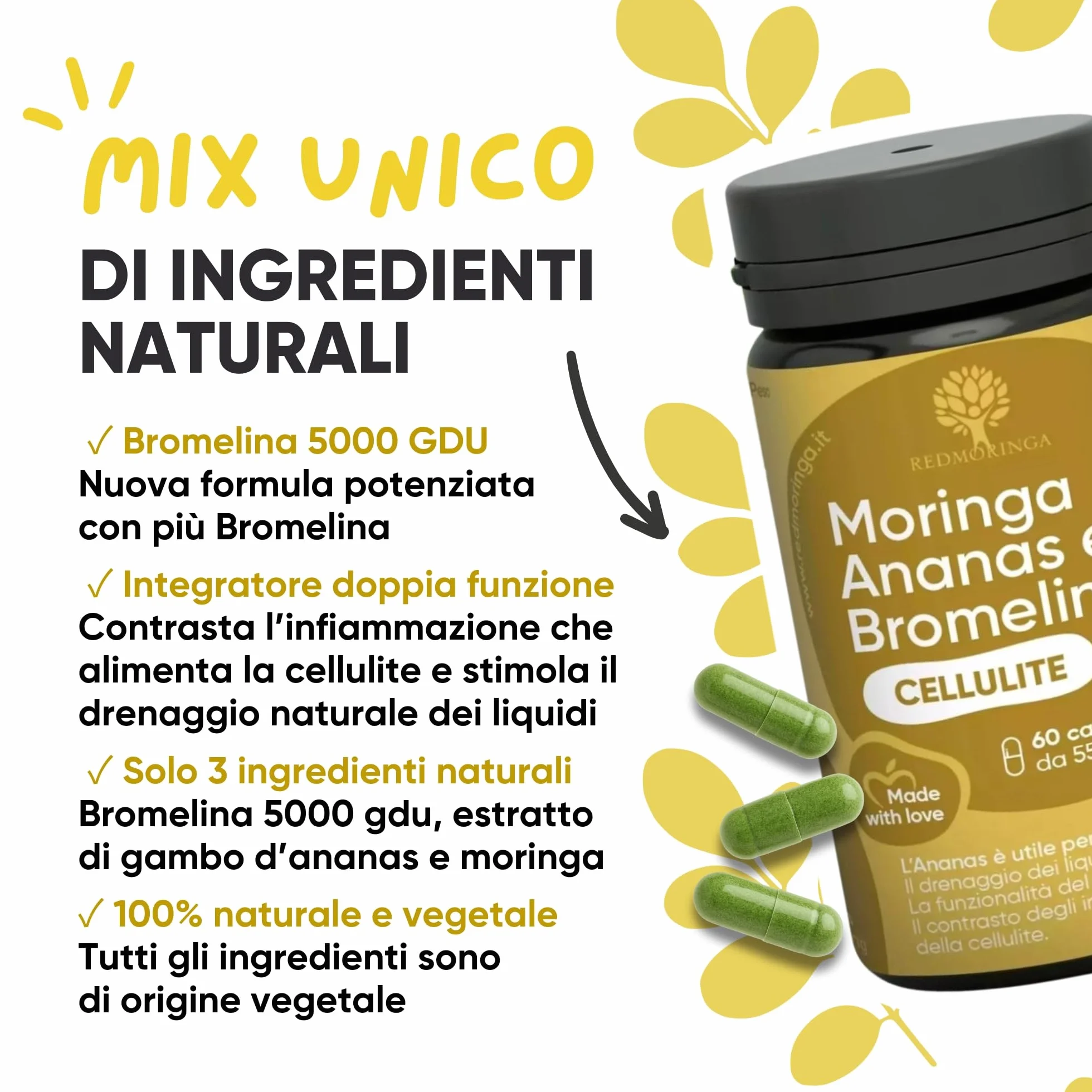 Bromelina Forte Drenante 5000 GDU 100% Naturale Anticellulite Integratore con Moringa Bio e Ananas 60 Capsule Vegane Made in Italy RedMoringa