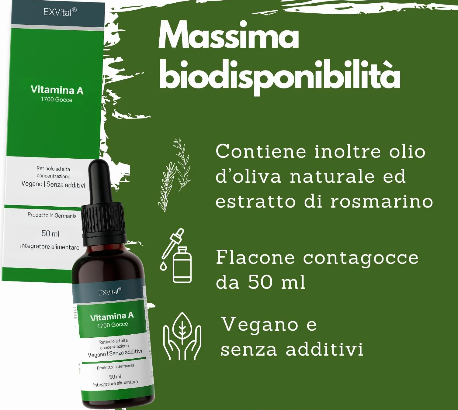 Vitamina A in gocce di EXVital – 5000 UI (1500 µg) per dose giornaliera, 50 ml = 1700 gocce, testata in laboratorio, retinolo ad alto dosaggio – vegana – vitamina A liquida