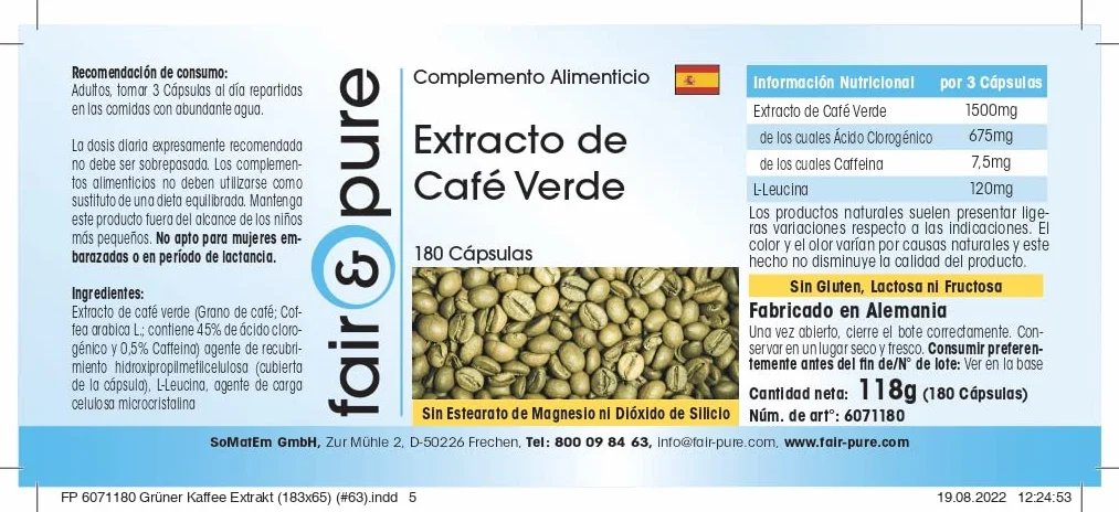 Fair & Pure Estratto di caffè verde 500mg 180 Capsule 45% acido clorogenico Vegano