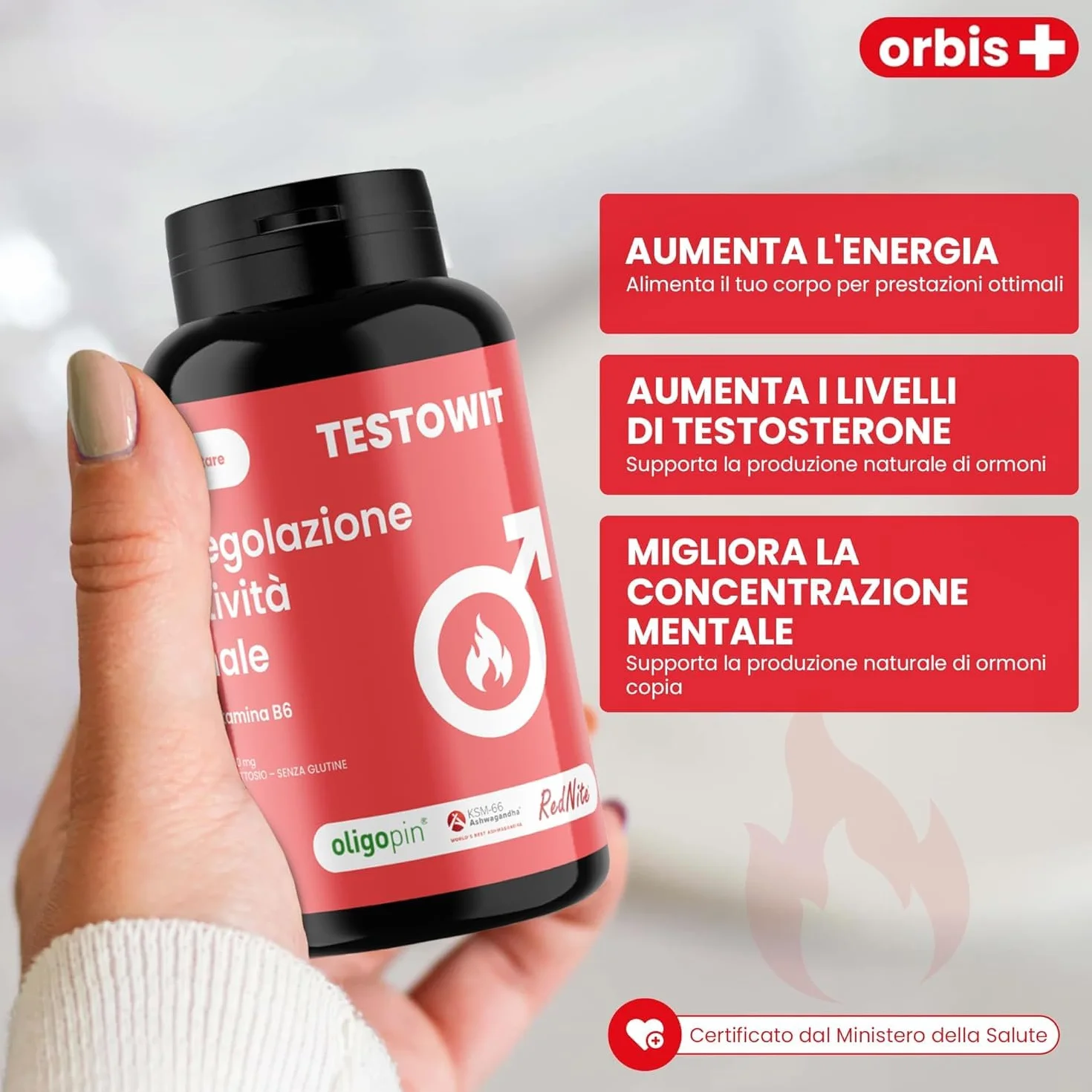 ORBIS TESTOWIT Integratore Naturale per Uomini | Supplemento per la Regolazione Ormonale con Muira Puama, Maca e Ashwagandha | aumenta la vitalità naturale | Forza & Energia Uomo | 120 Capsule