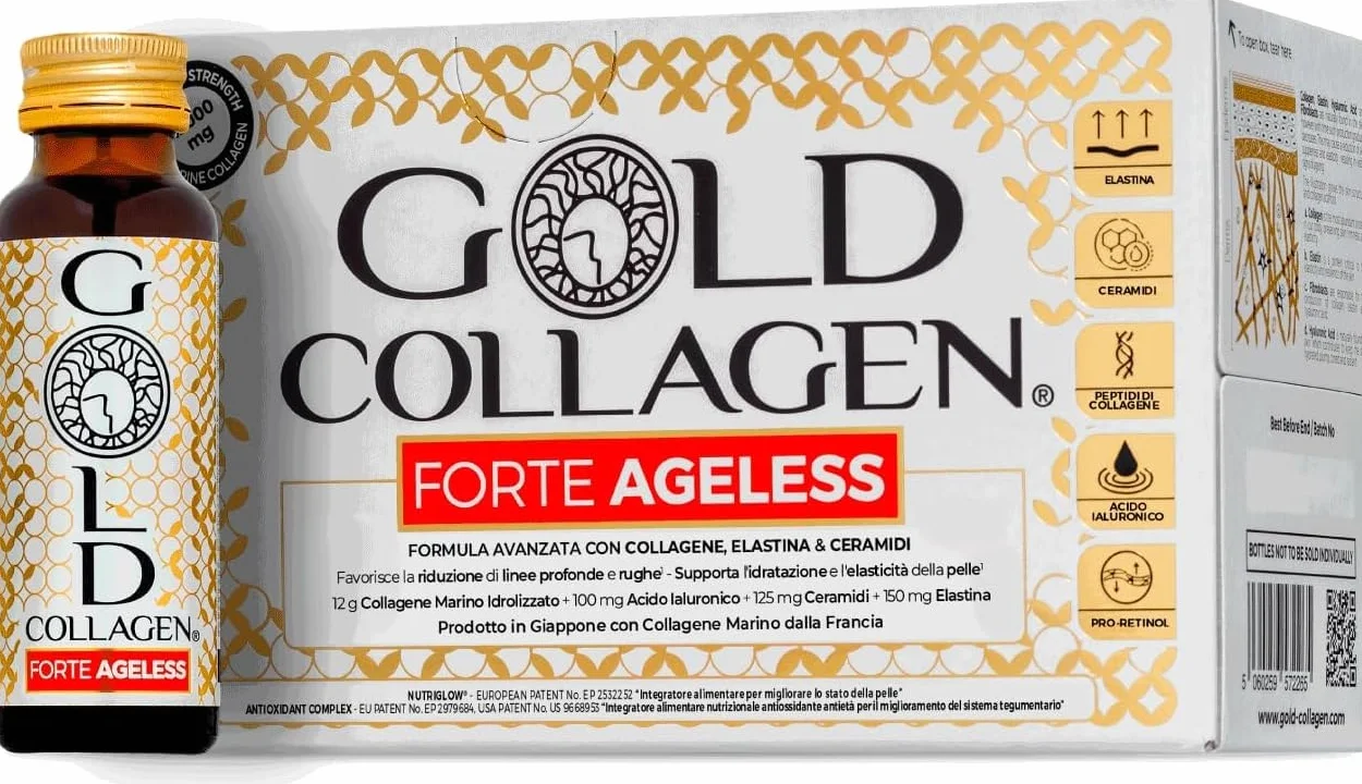 GOLD COLLAGEN Forte Ageless Collagene Integratore Antirughe Antiossidante con Biotina, Vitamina C, Acido Ialuronico, 10x50 ml