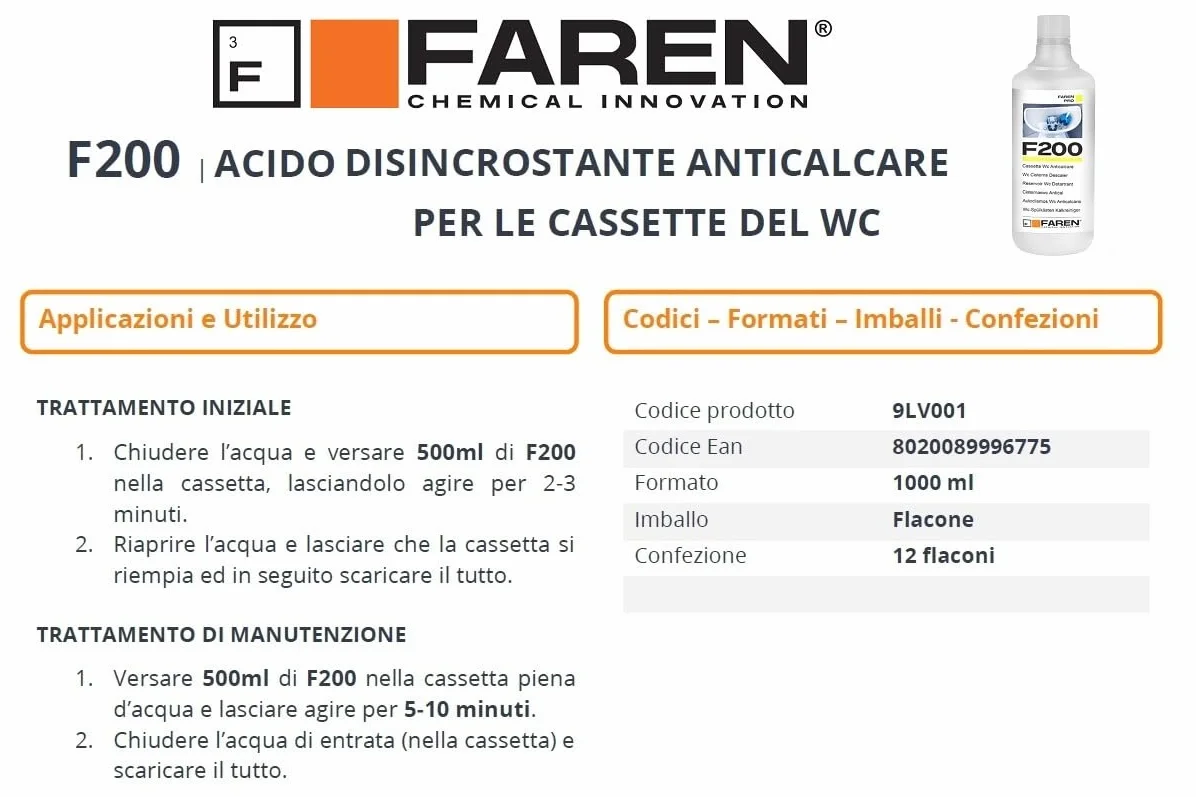 FAREN Disincrostante Anticalcare F200 1L - Elimina Calcare da Cassette Scarico e Serbatoi Water, Sicuro su Plastiche e Gomme