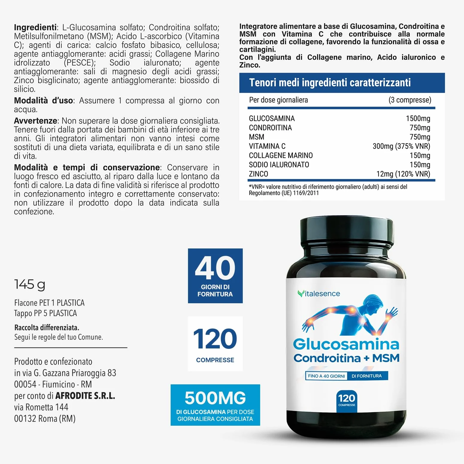 Integratore Glucosamina,Condroitina e MSM |Con Vitamina C,Collagene,Acido Ialuronico |Supporto Articolazioni,Cartilagini e Ossa|120 Compresse |+1 Mese Fornitura|Made in Italy-Senza Glutine e Lattosio