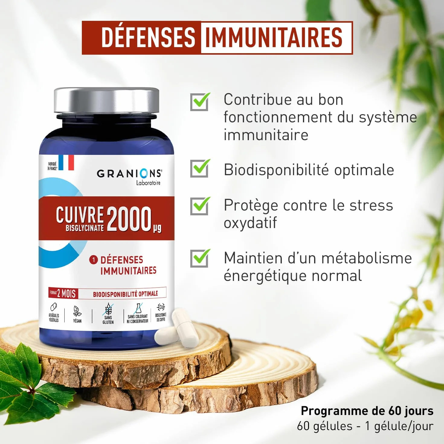Granions Rame Bisglicinato 2 Mg - 200% Dell'Apporto Raccomandato - Biodisponibilità Ottimale - Difesa Dell'Immunità - 21.9 g