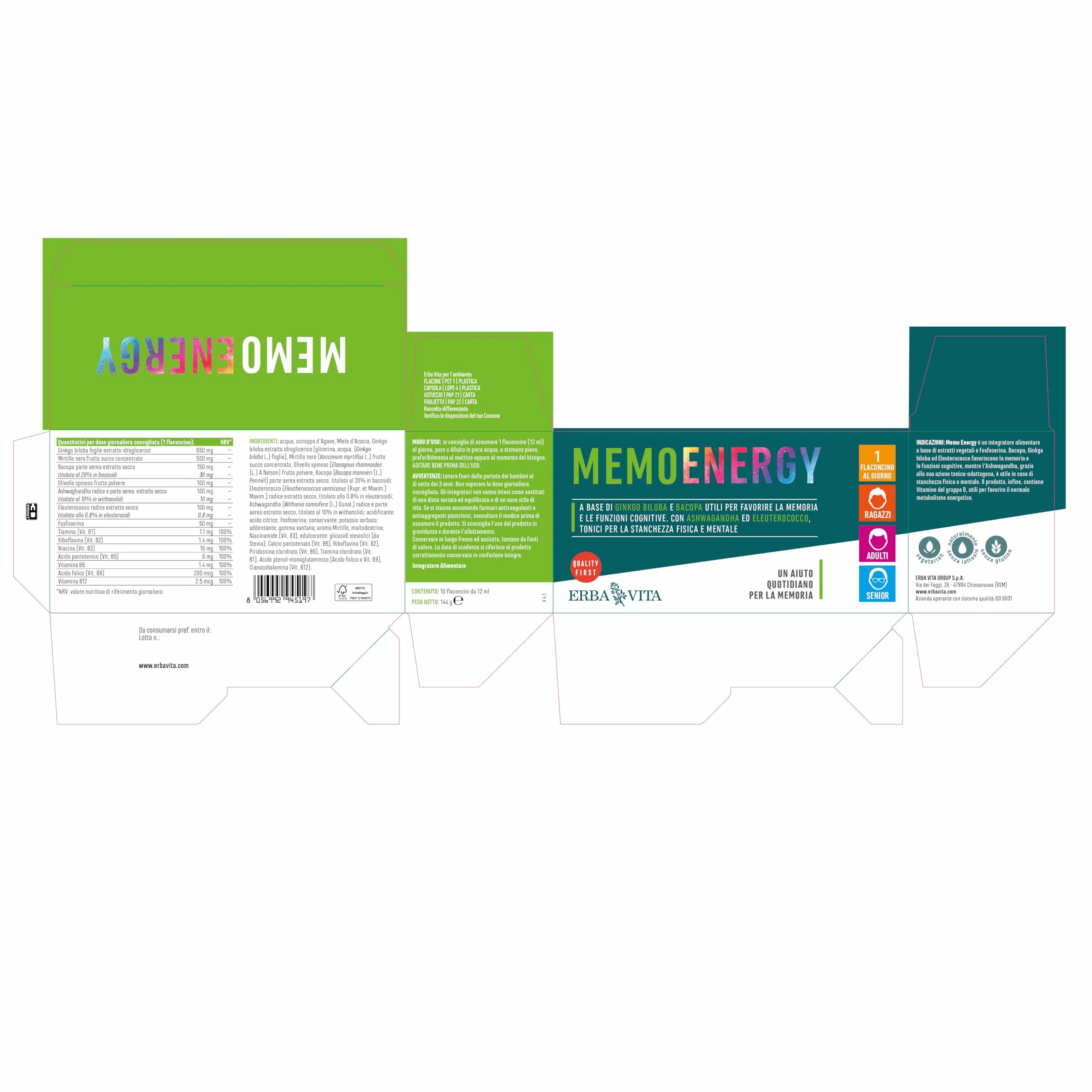 ERBA VITA Memo Energy integratore alimentare Ginkgo Biloba Bacopa memoria funzioni cognitive 10 flaconcini