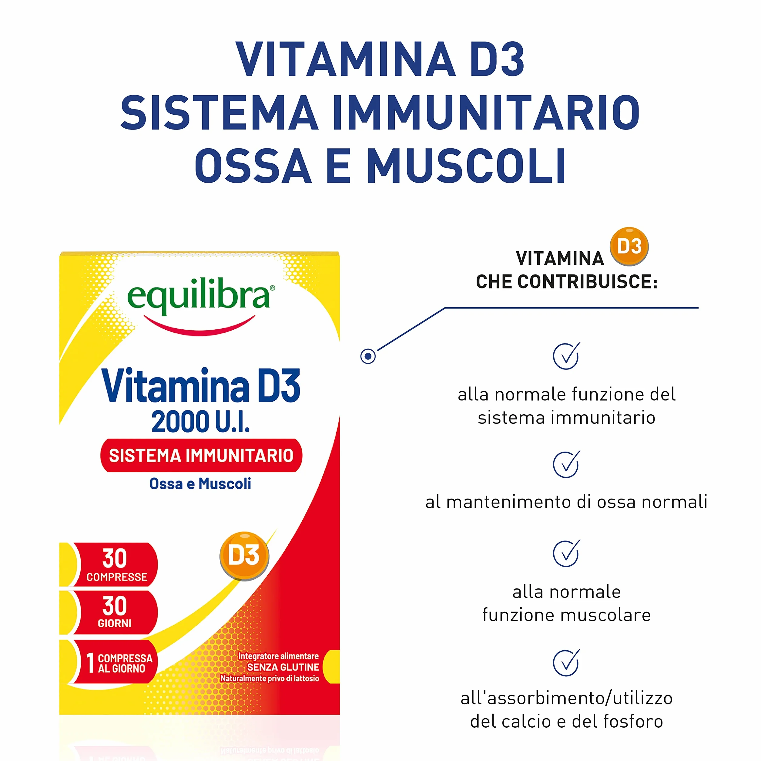Equilibra Integratori Alimentari, Vitamina D3, Integratore Vitamina D3 per la Normale Funzione del Sistema Immunitario, per il Mantenimento di Ossa Normali, 2000 UI, 30 Compresse Altodosate