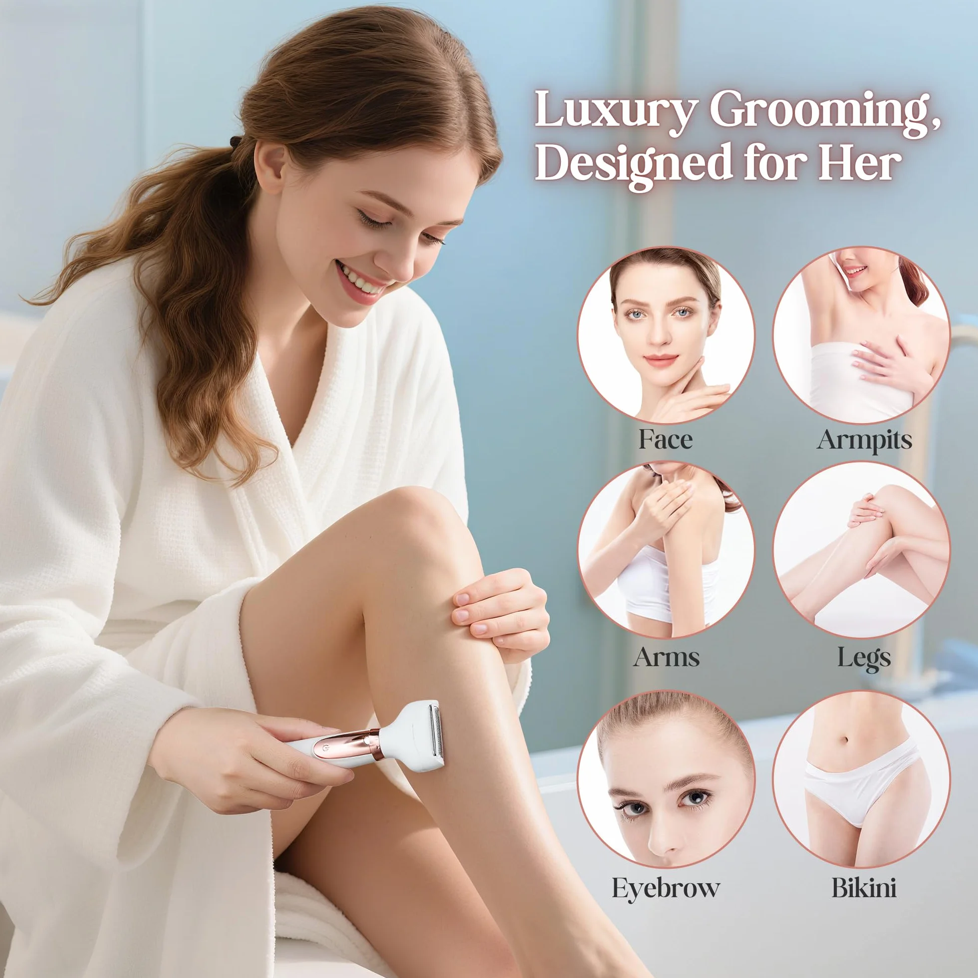 BarberBoss Rasoio elettrico donna 5 in 1, Kit epilazione ricaricabile, Rasoio per donna per corpo, bikini, viso, naso e sopracciglia, Rasoi donna senza fili Wet & Dry, Epilatore per viso, QR-8005