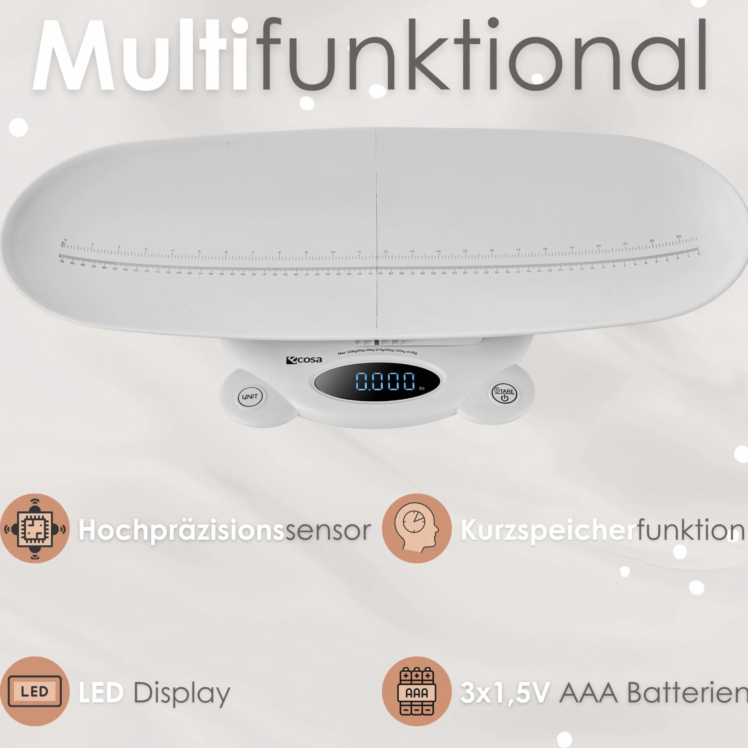 Bilancia Digitale 3 in 1 per Animali e Pesapersone, Display LED, Capacità 120 kg, Funzione Tara/Hold, Design ABS