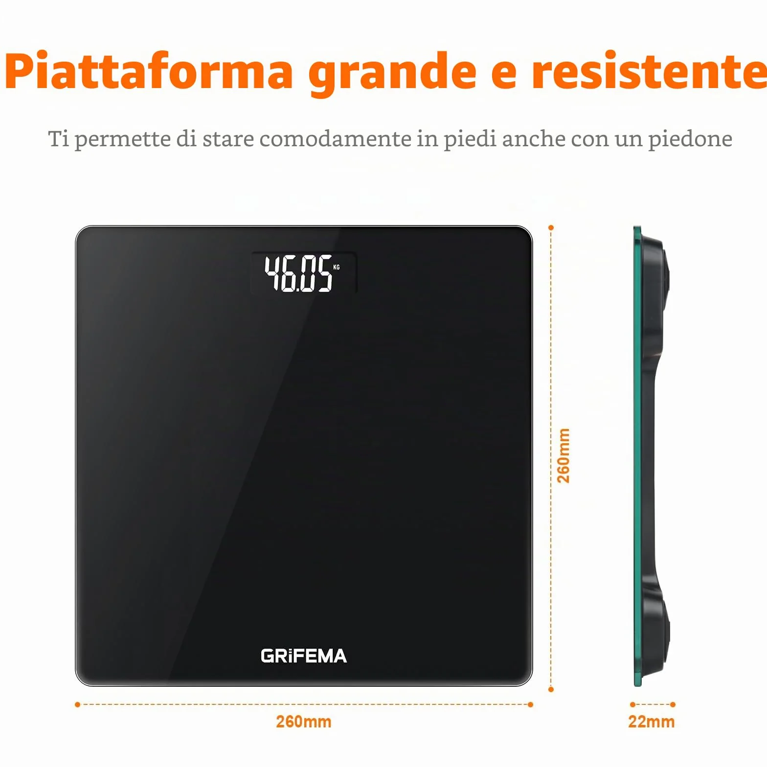 GRIFEMA GA2001-1 Bilancia Pesa Persone Display LCD, Max 150 kg Precisione 50 g, 26x26 cm, Nero