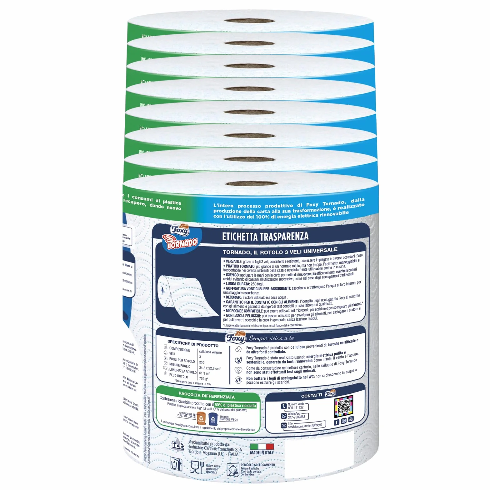 Asciugatutto universale 8 pz 250 strappi per rotolo a 3 veli Carta 100% certificata FSC Confezione 100% riciclabile
