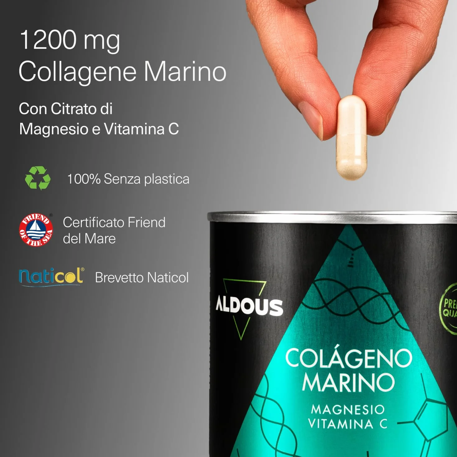Collagene Marino con Magnesio e Vitamina C 200 Capsule Integratore Bellezza e Benessere Pelle Capelli Unghie Anti Age Ossa Articolazioni Marine Collagen Naticol ALDOUS