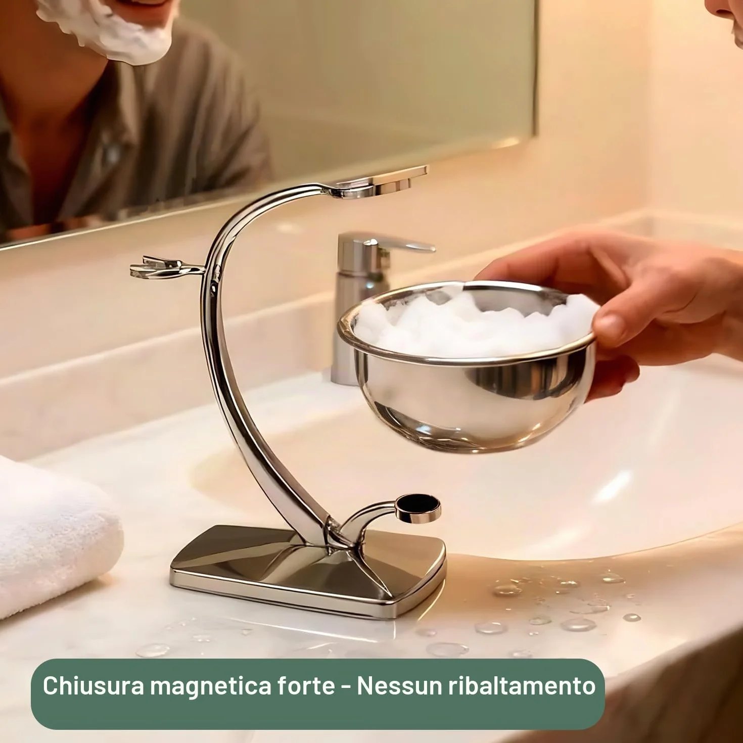 GRUTTI Set di Rasatura 2 in 1 per Uomini - Supporto Magnetico + Ciotola in Acciaio Inox, Compatibile con Rasoi Manuali (Senza Spazzola)