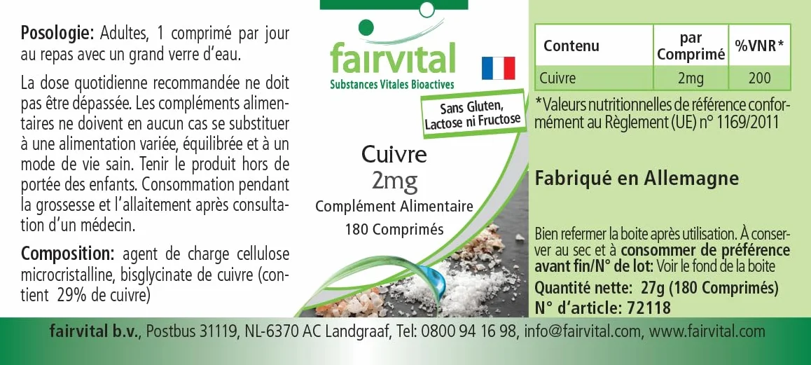 fairvital Rame 2 mg, 180 compresse, facili da deglutire, bisglicinato di rame, qualità testata e ad alto dosaggio, 100% vegano, Made in Germany