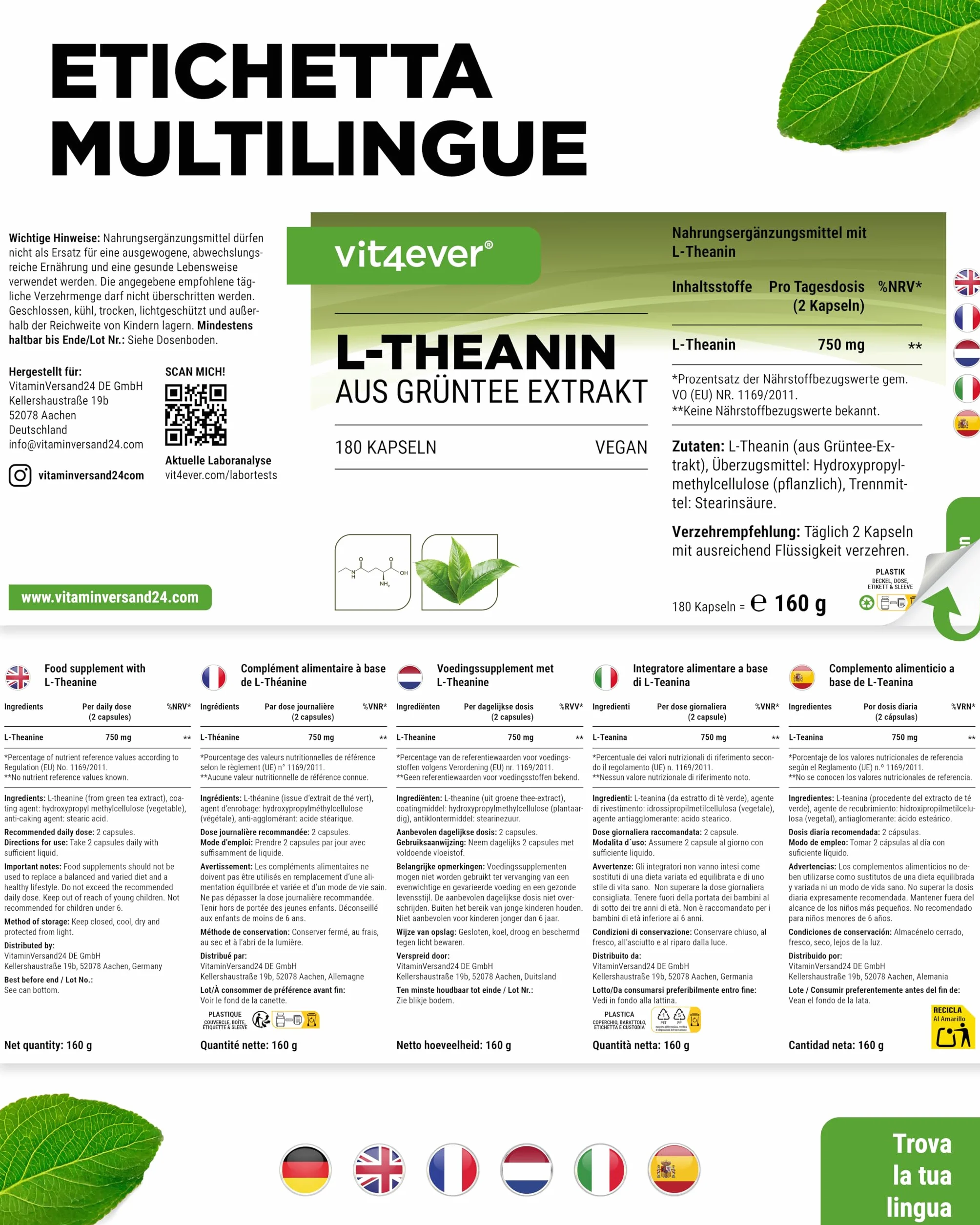 L-Teanina - 180 capsule - 750 mg per dose giornaliera - Da estratto naturale di tè verde - Alta dose - Vegana