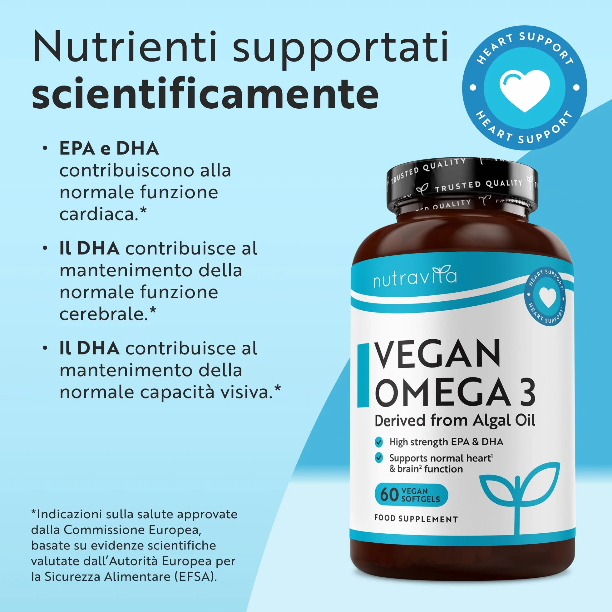 Nutravita Omega 3 Vegan 2000mg 60 Capsule Molli Vegane 600mg DHA 300mg EPA Integratore Olio di Alghe