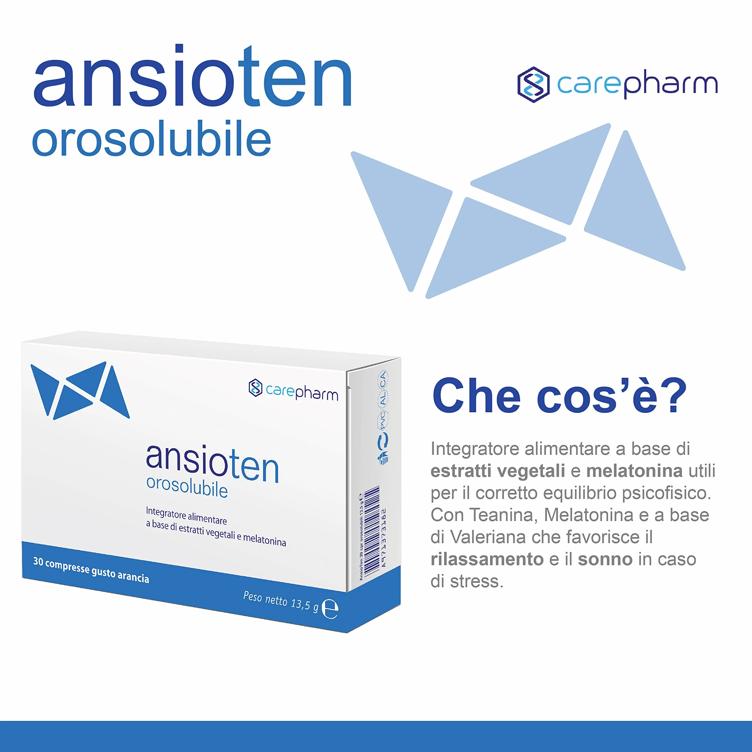 Ansioten Orosolubile 30 Compresse Integratore Alimentare Estratti Vegetali Gusto Arancia Rilassamento Stress Senza Zuccheri 30 g