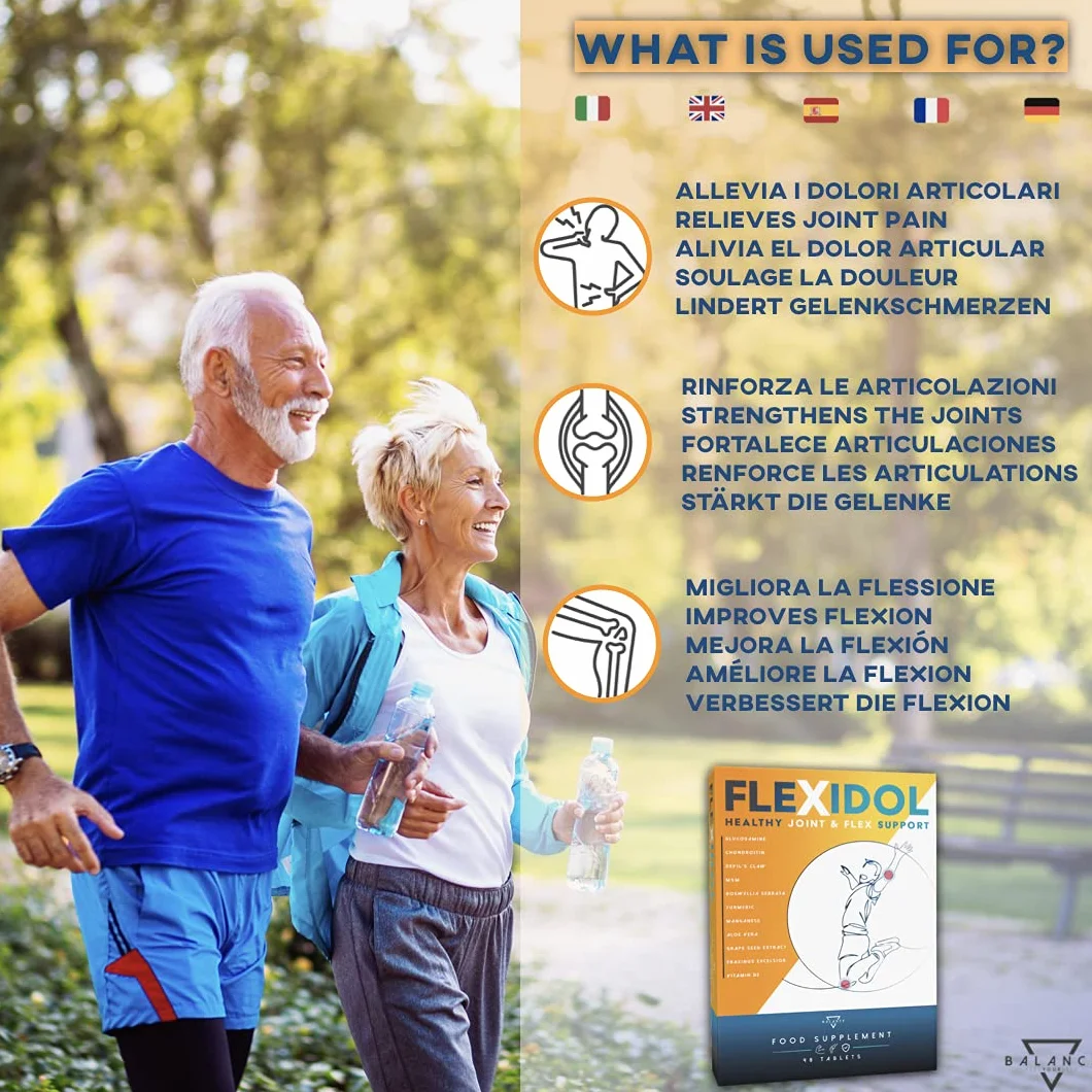 FLEXIDOL® | Glucosamina Condroitina | Integratore per dolori articolari e muscolari con MSM, Artiglio del Diavolo, Boswellia Serrata, Curcuma, Aloe, Manganese, Vitamina D3 | 48 cpr