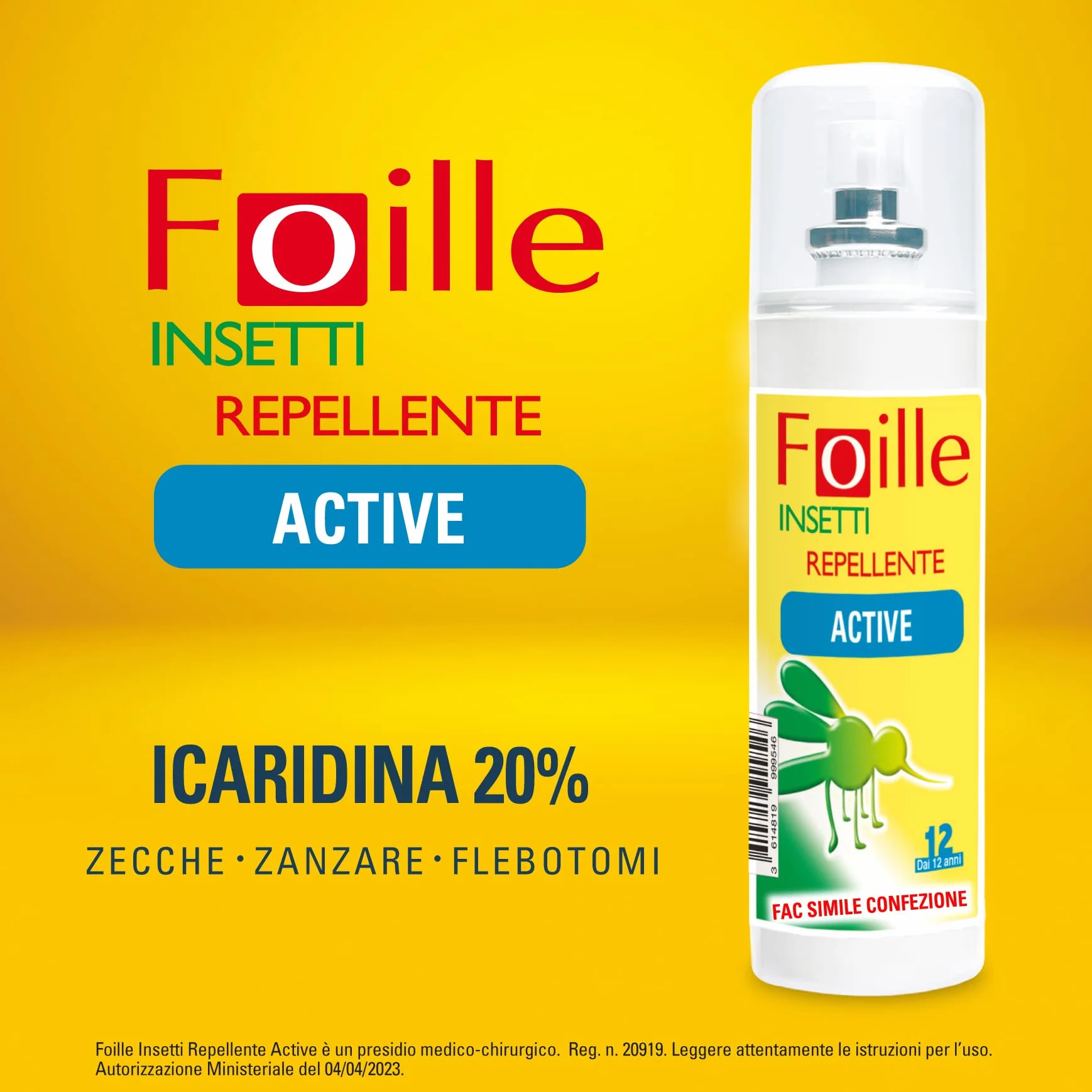 Repellente Insetti Foille Active con Icaridina 20% 100 ml x2, Contro Zanzare Zecche Flebotomi, Efficacia 12 Ore