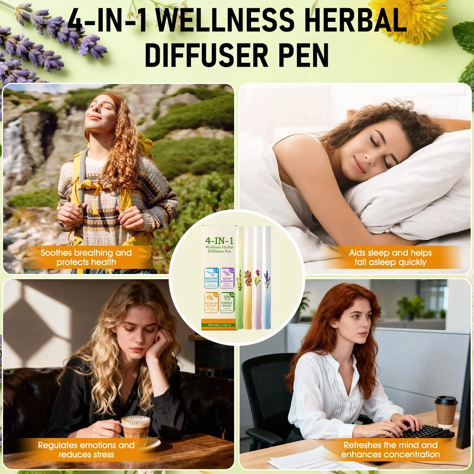 4 PCS Diffusore di Erbe Aromatiche, Herbal Diffuser Pen, Formula con Estratti Vegetali Multipli, Design Portatile, Aumenta l'energia, Rinfrescante e Rinvigorente