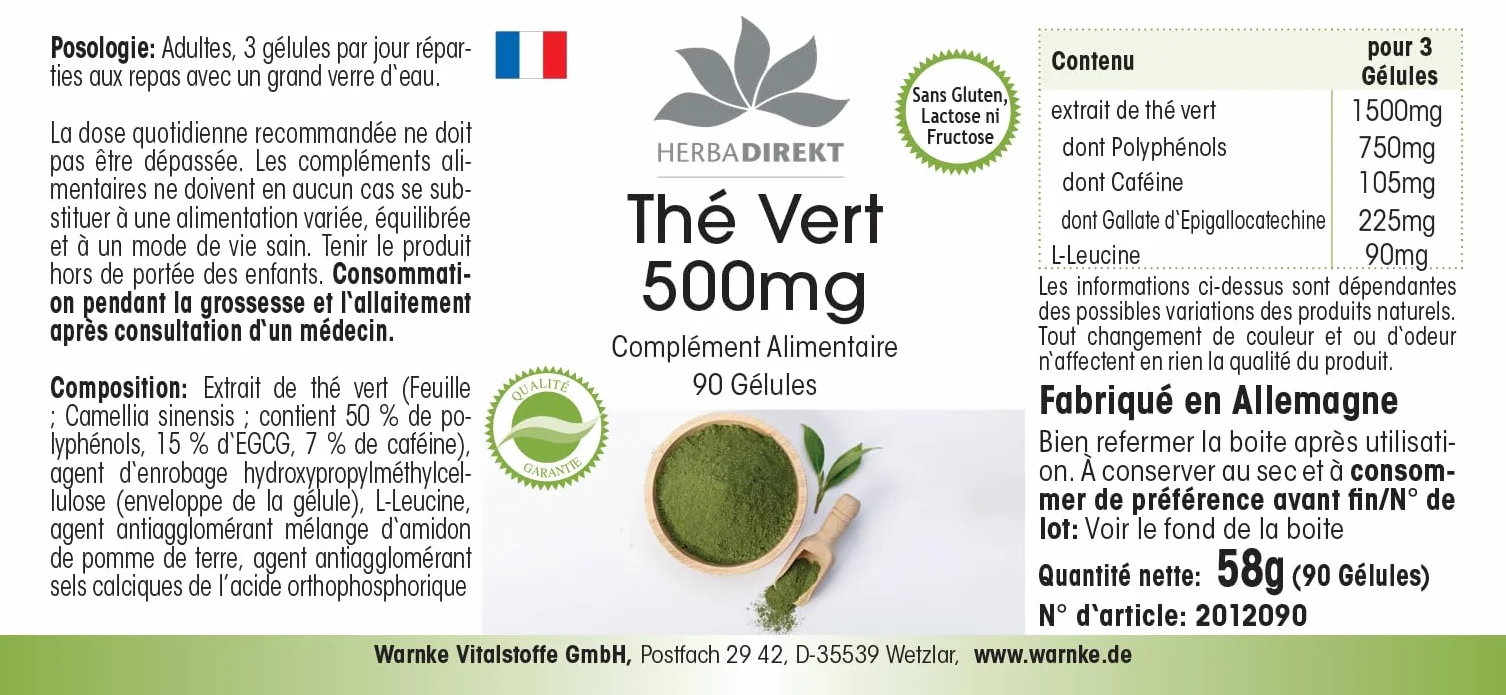Estratto di tè verde - 90 capsule - 1500mg per dose giornaliera - EGCG - Camellia sinensis - min. 50% di polifenoli - vegano | HERBADIREKT by Warnke Vitalstoffe - Qualità farmaceutica tedesca