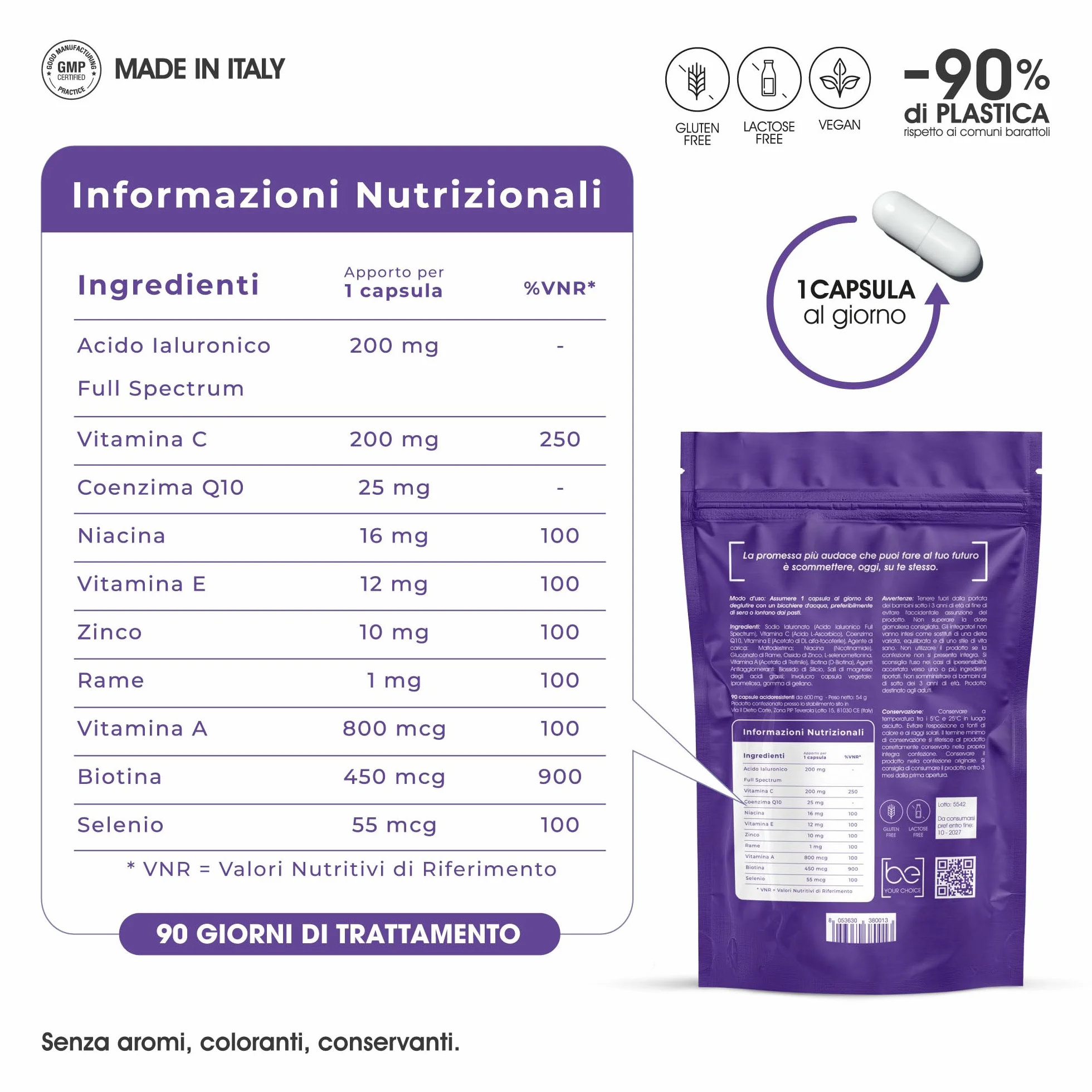 HYALUVATE Integratore Capelli Donna con Acido Ialuronico Puro + Biotina 3 Mesi - Vitamine per Capelli, Pelle e Unghie, Zinco e Vitamina C, Vegan, 90 Capsule Acidoresistenti