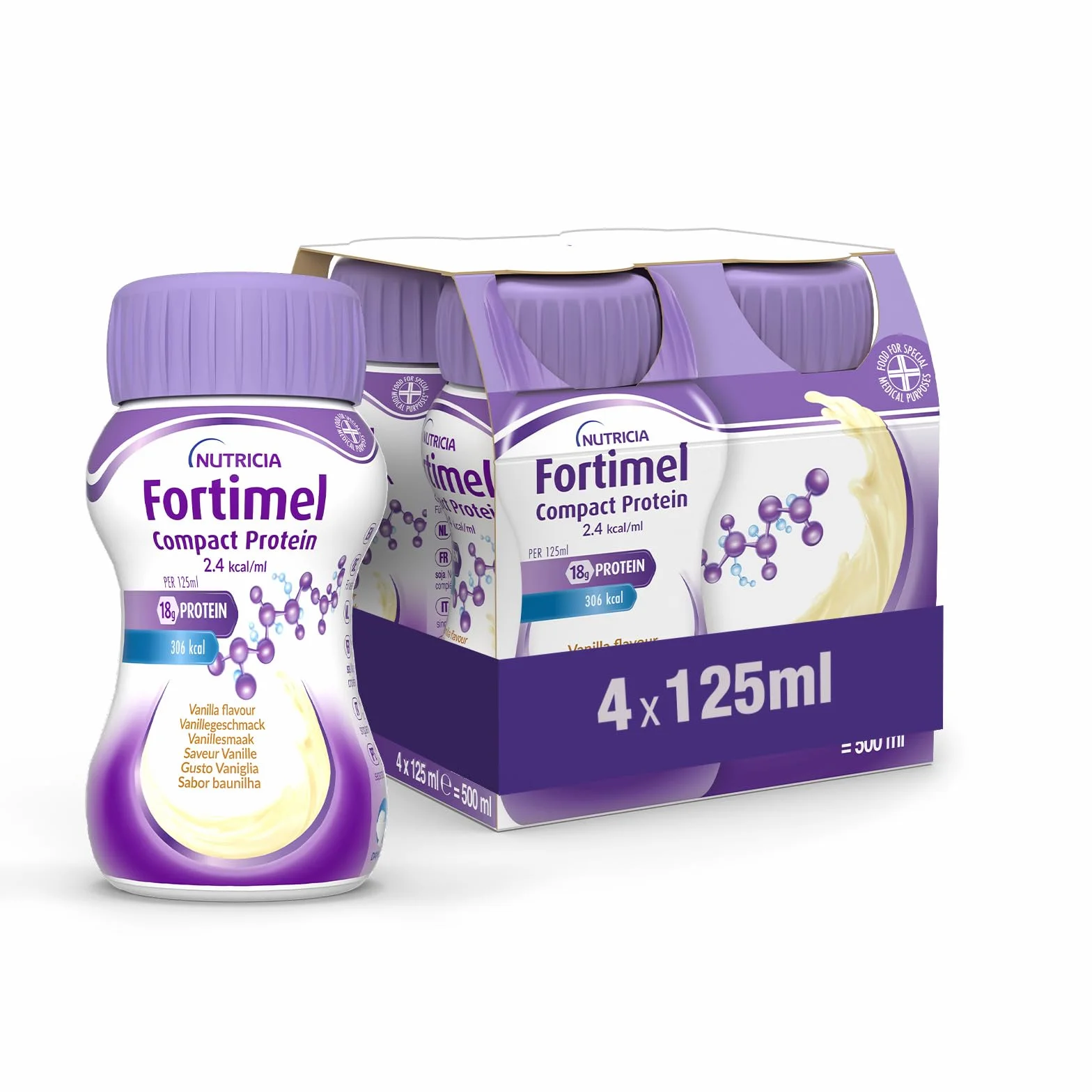 NUTRICIA FORTIMEL COMPACT PROTEIN - Supplemento Ipercalorico e Iperproteico Altamente Palatabile e Compatto, utile in caso di Malnutrizione, Alimento a Fini Medici Speciali, Gusto Vaniglia - 4 x 125ml