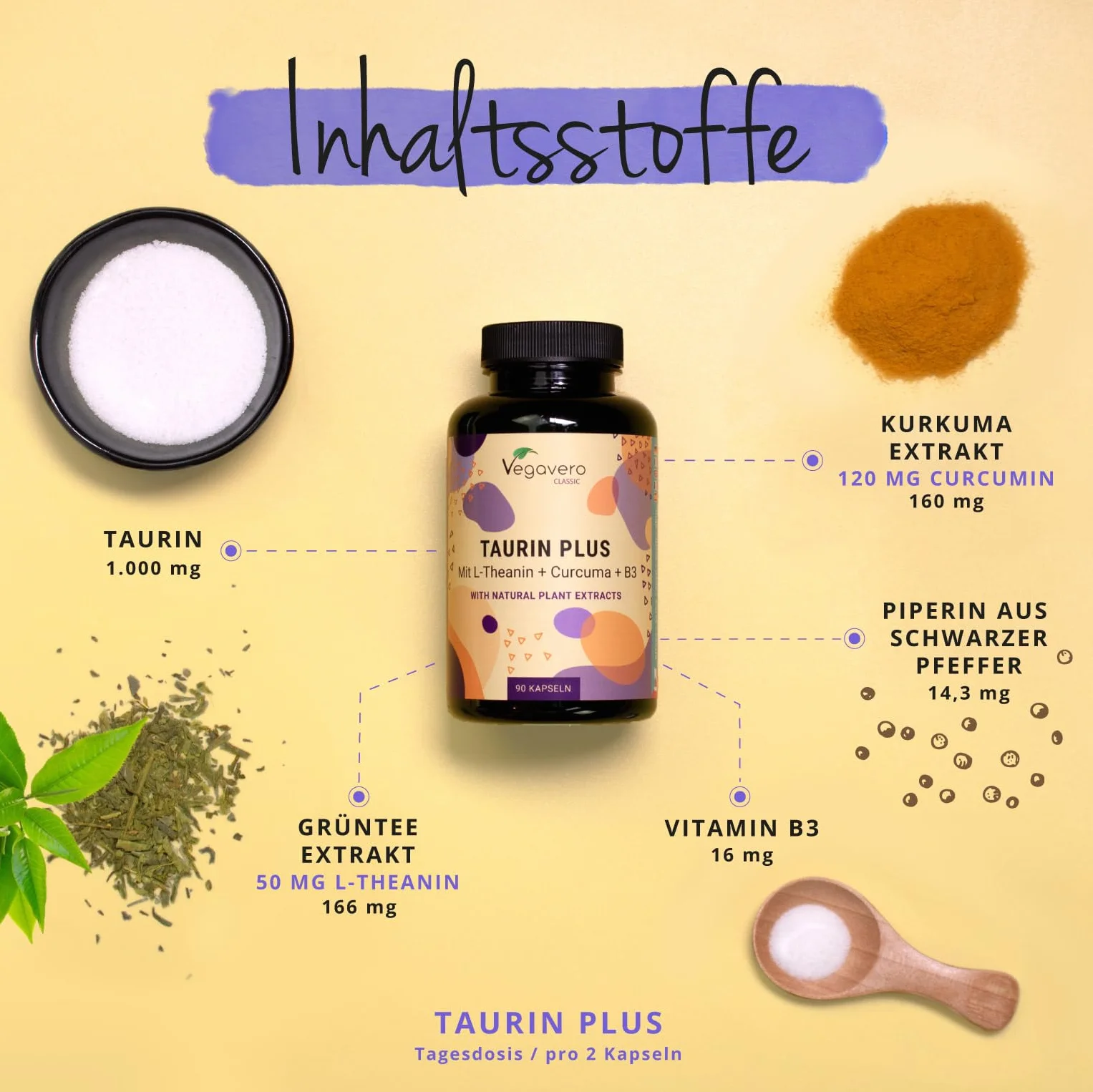 Vegavero® Taurina 1000 mg Integratori Sport Pre e Post Workout Capsule Alto Dosaggio con L-Teanina Curcuma Vitamina B3 No OGM Vegan