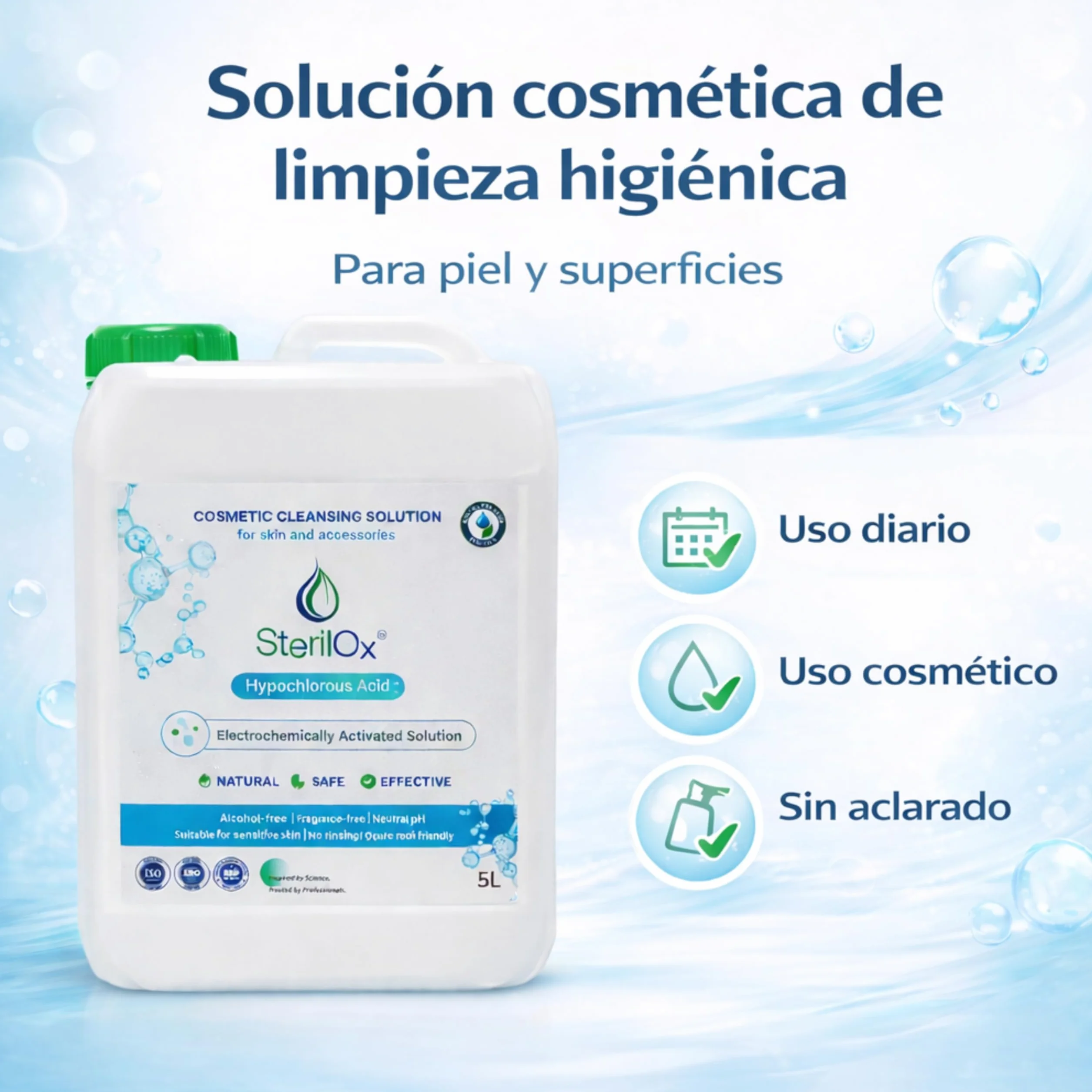 Soluzione Cosmetica con Acido Ipocloroso 5L Senza Alcol e Profumo Cura della Pelle Oggetti Superfici HoReCa