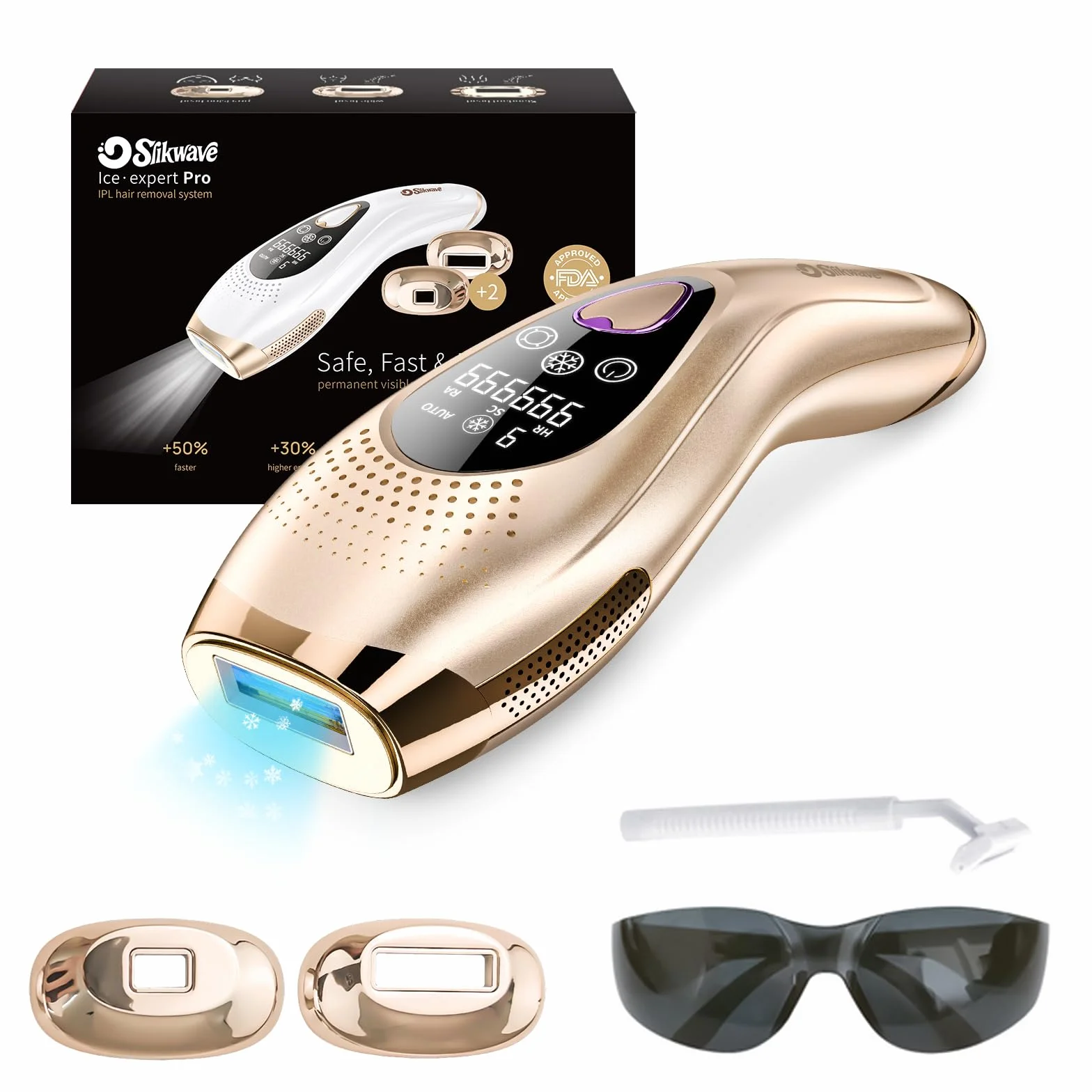 Epilatore Luce Pulsata 9 Livelli Con 6 Accessori, Epilatore Laser Peli Donna/Uomo Con Modalità Manuale E Automatica, Sensore Di Contatto, Funzione Ice Cool per,oro