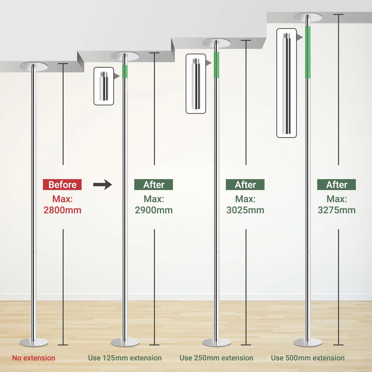 Leogreen 125mm Pole Dance Estensione, barra da pole dance, diametro 45 mm, altezza extra, accessori