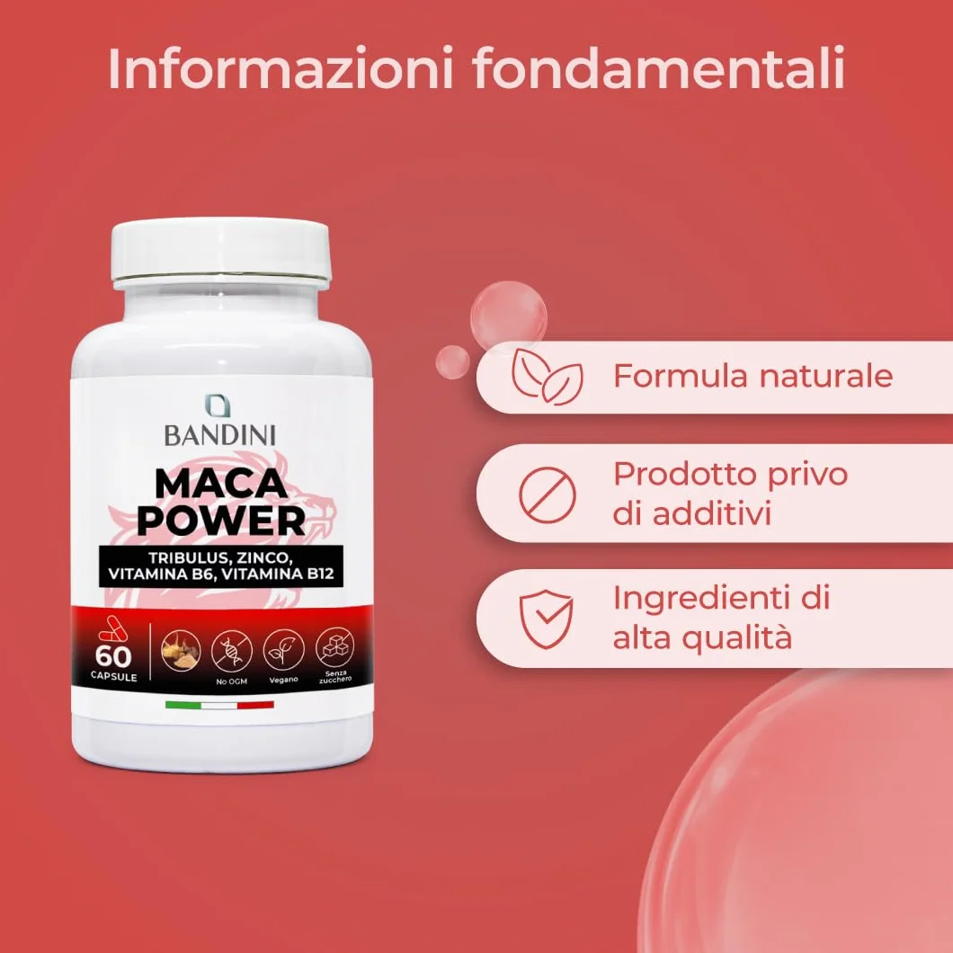 Bandini® MACA POWER Peruviana, 60 Capsule 100% Vegane, Complesso ad Alto Dosaggio con Tribulus, Arginina, Zinco, Vitamina B6 e B12 - Stanchezza Fisica e Mentale, Energia, Sport - Made in Italy