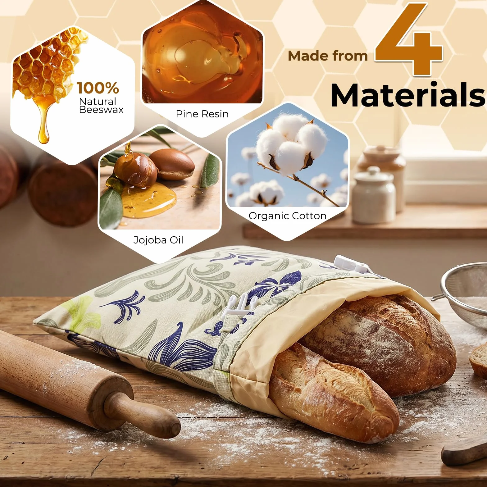 Sacchetti per il pane di cera d'api, 43×33 cm, cotone rivestito in cera d'api naturale, confezione da 2