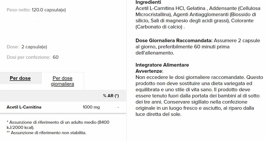 Acetyl Carnitine 1000 mg 120 capsule - brucia grassi dimagrante