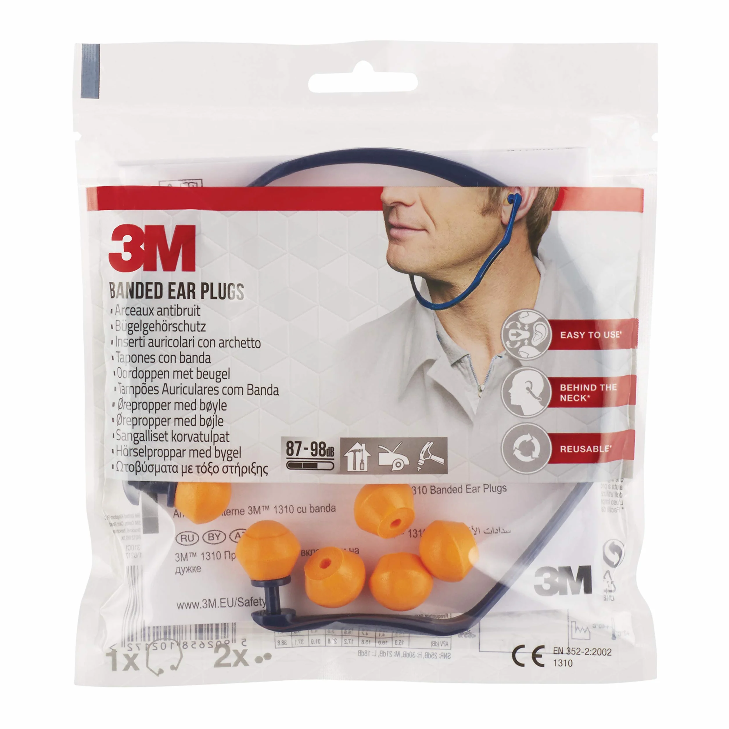 3M Inserti Auricolari con Archetto 1310, Protezione dell'Udito 87-98 dB, SNR 26dB, 2 Paia di Pod di Ricambio