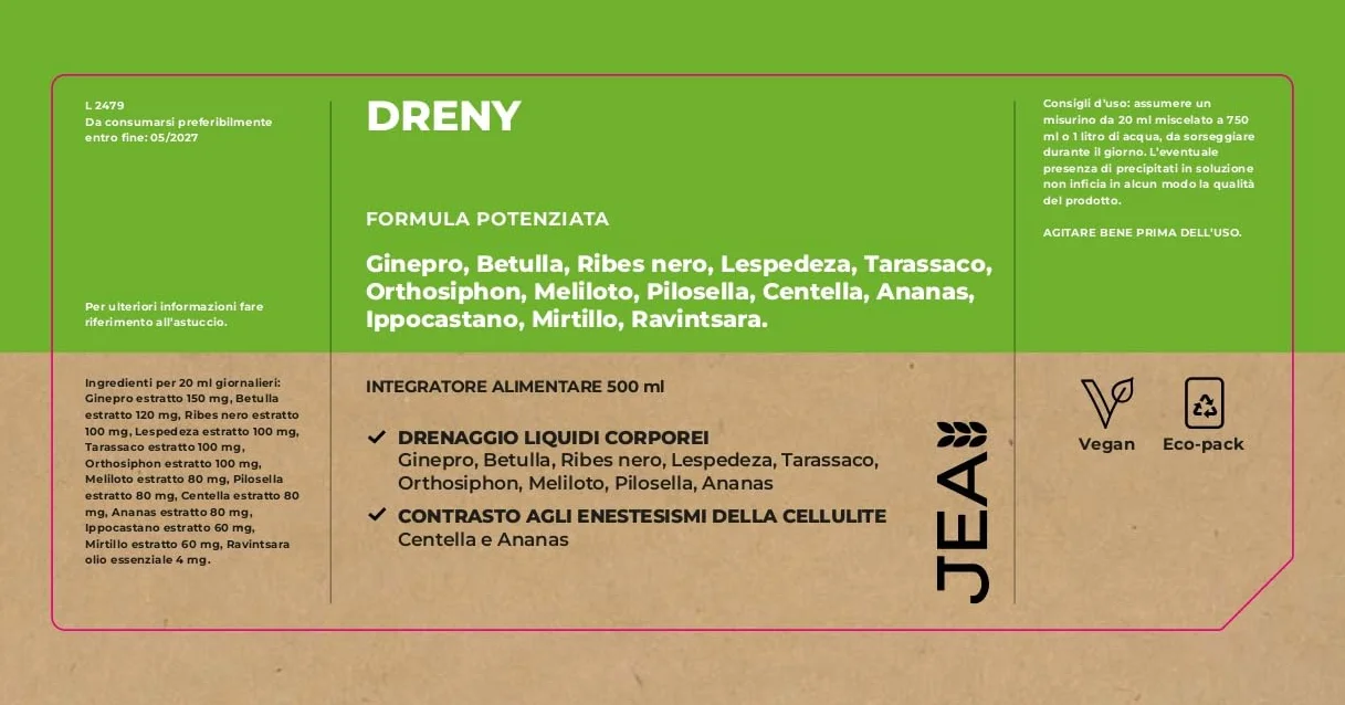JEA DRENY Drenante Forte Anticellulite 500ml con 13 Estratti Naturali Detox Gambe e Corpo