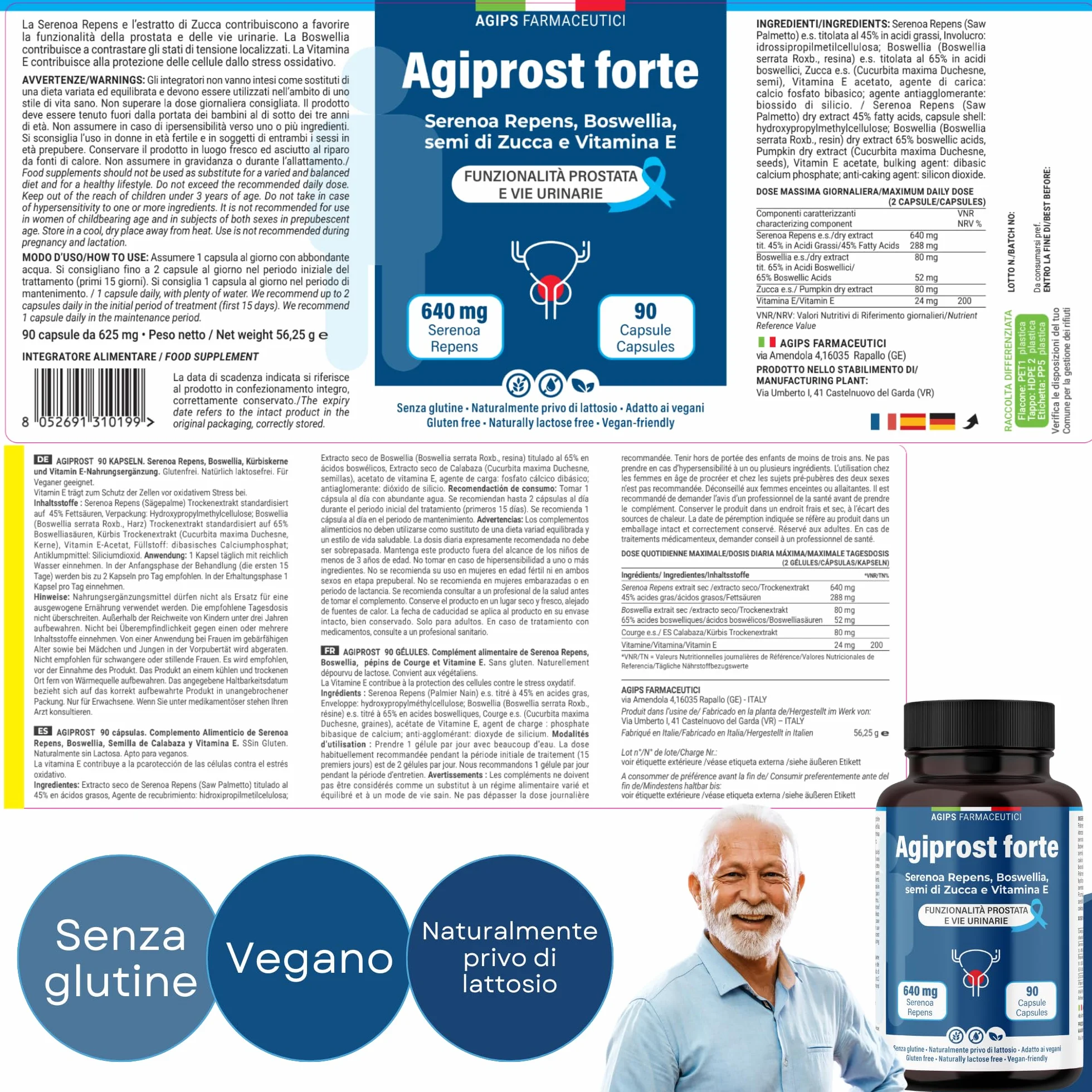 SERENOA REPENS 640mg Integratore Prostata Saw Palmetto con Estratto di Zucca e Vitamina E 90 Capsule AGIPROST