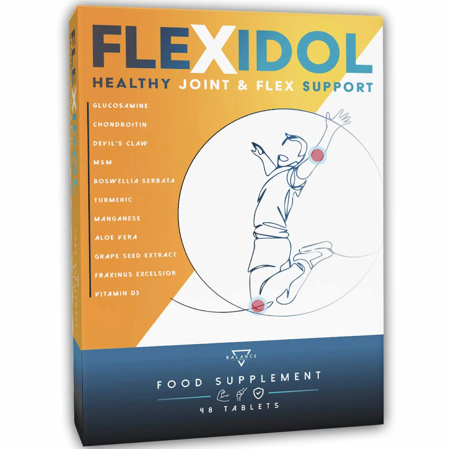 FLEXIDOL® | Glucosamina Condroitina | Integratore per dolori articolari e muscolari con MSM, Artiglio del Diavolo, Boswellia Serrata, Curcuma, Aloe, Manganese, Vitamina D3 | 48 cpr