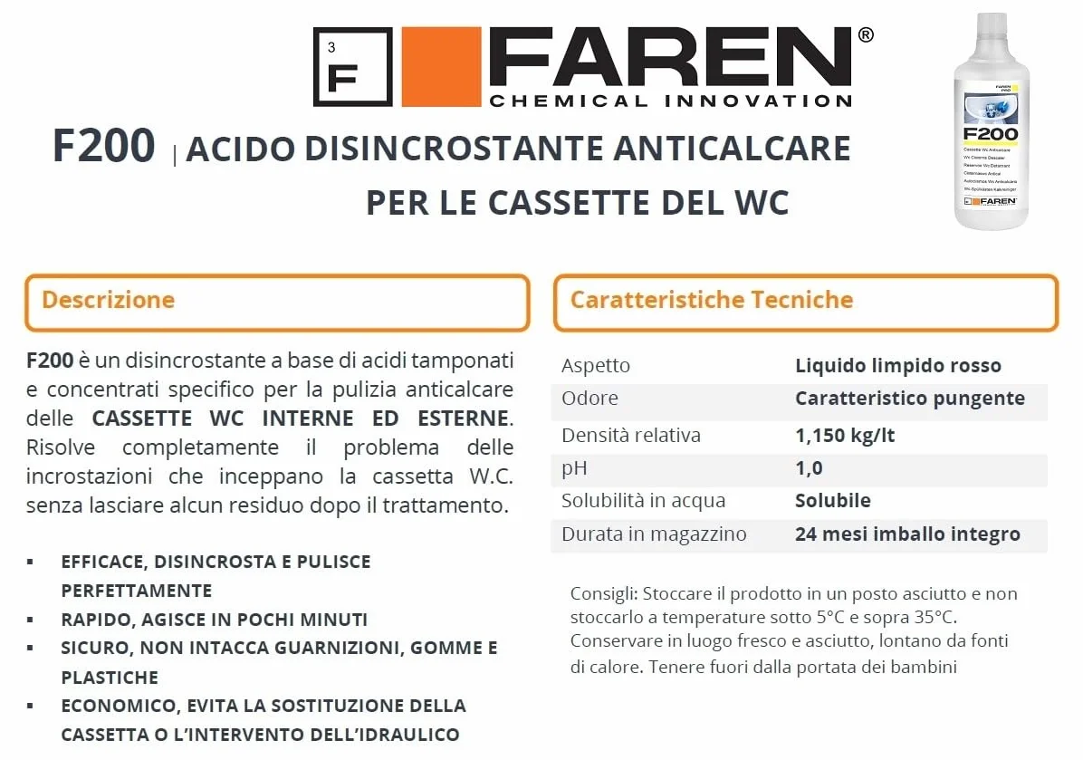 FAREN Disincrostante Anticalcare F200 1L - Elimina Calcare da Cassette Scarico e Serbatoi Water, Sicuro su Plastiche e Gomme
