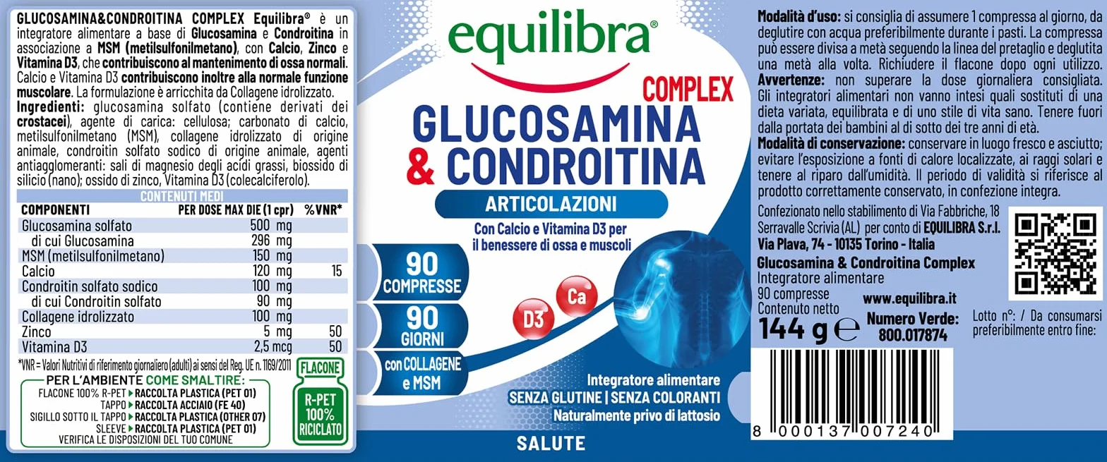 Equilibra Integratori Alimentari, Glucosamina & Condroitina Complex, Integratore a Base di Glucosamina e Condroitina, con MSM, Calcio, Zinco e Vitamina D3, Per le Articolazioni, 90 compresse